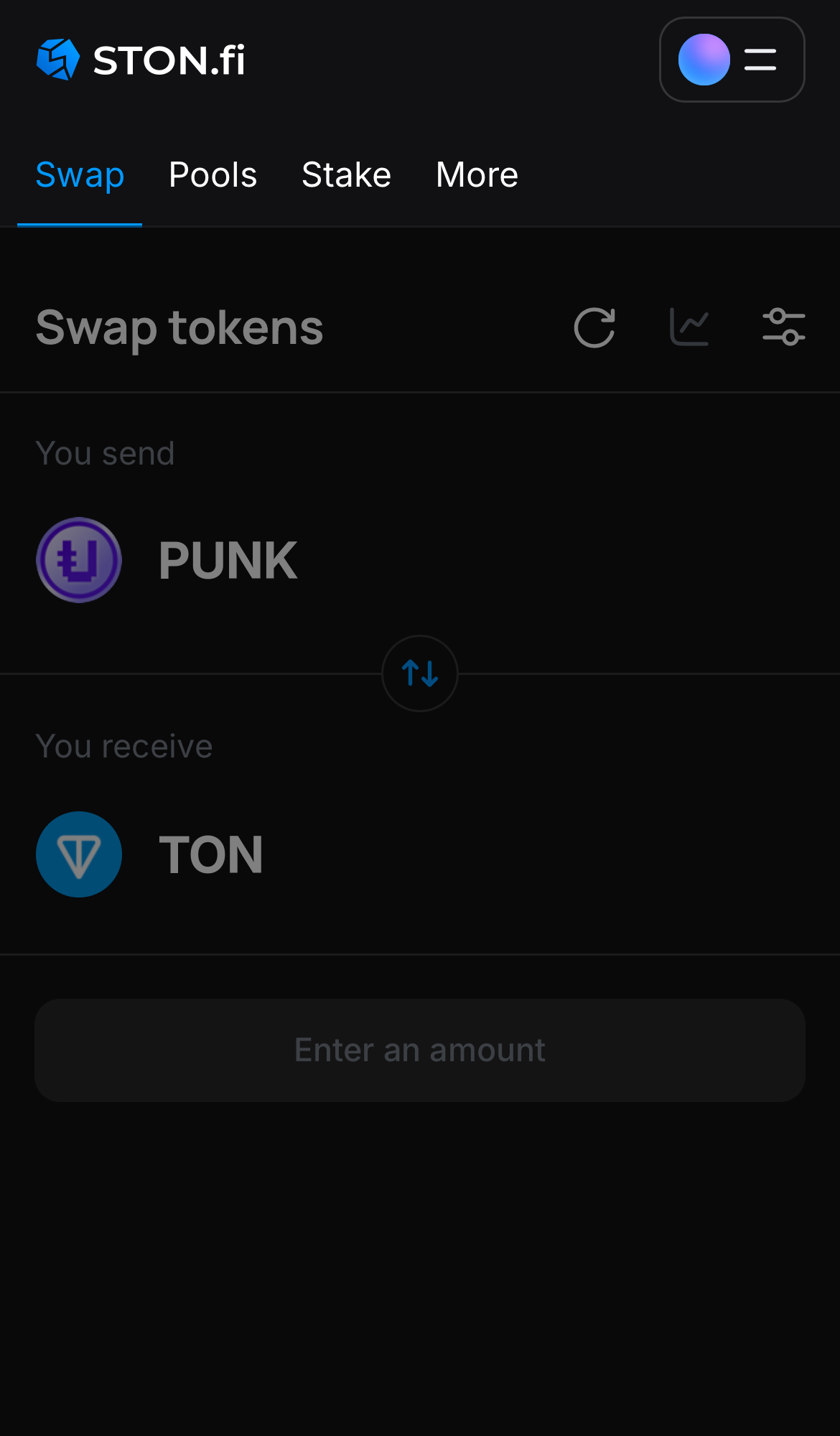Open the STON.fi app and navigate to the ‘Swap‘ tab.