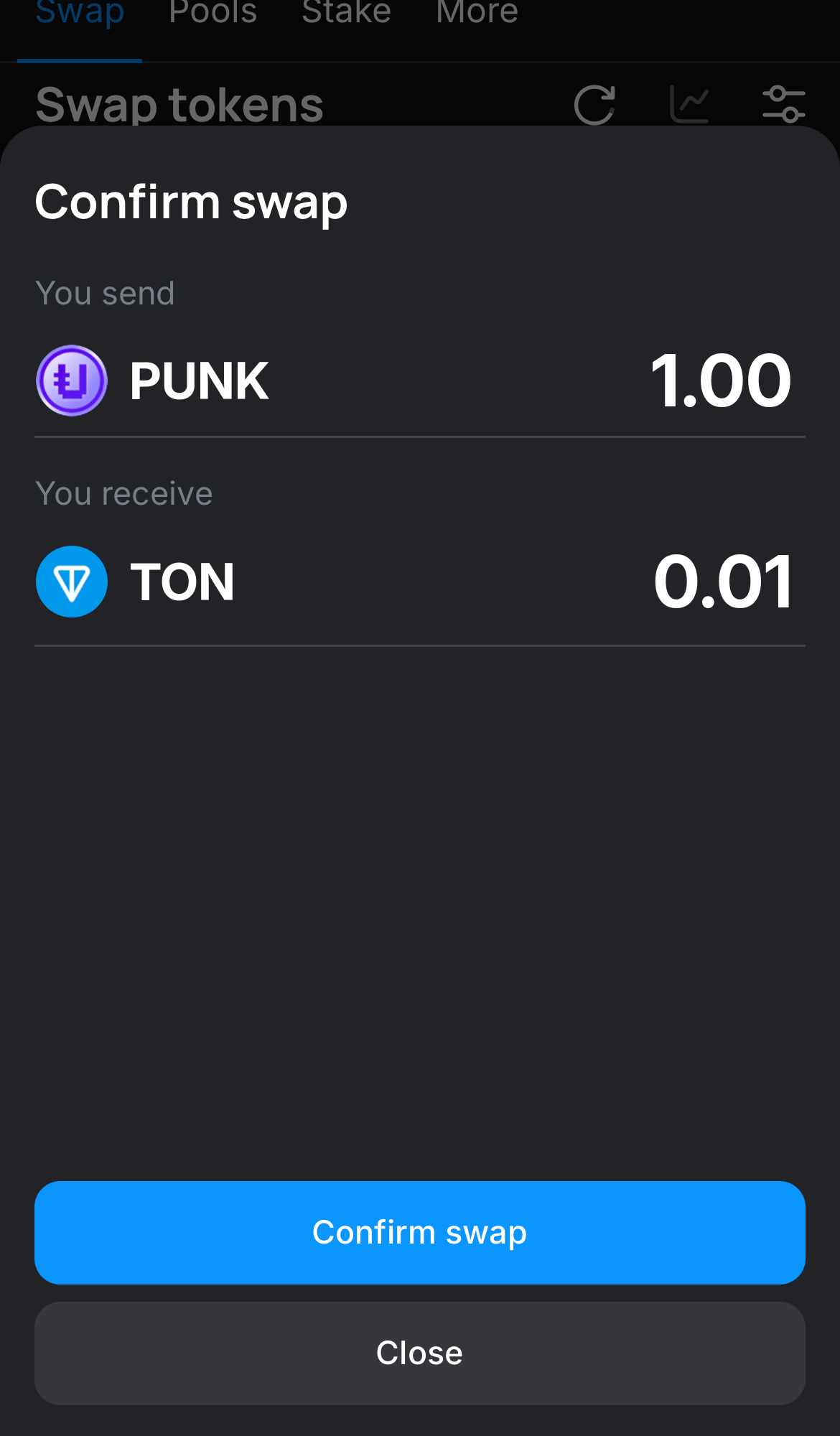 Click ‘Swap‘, double-check the details, and confirm the transaction by clicking the ‘Confirm swap‘ button.