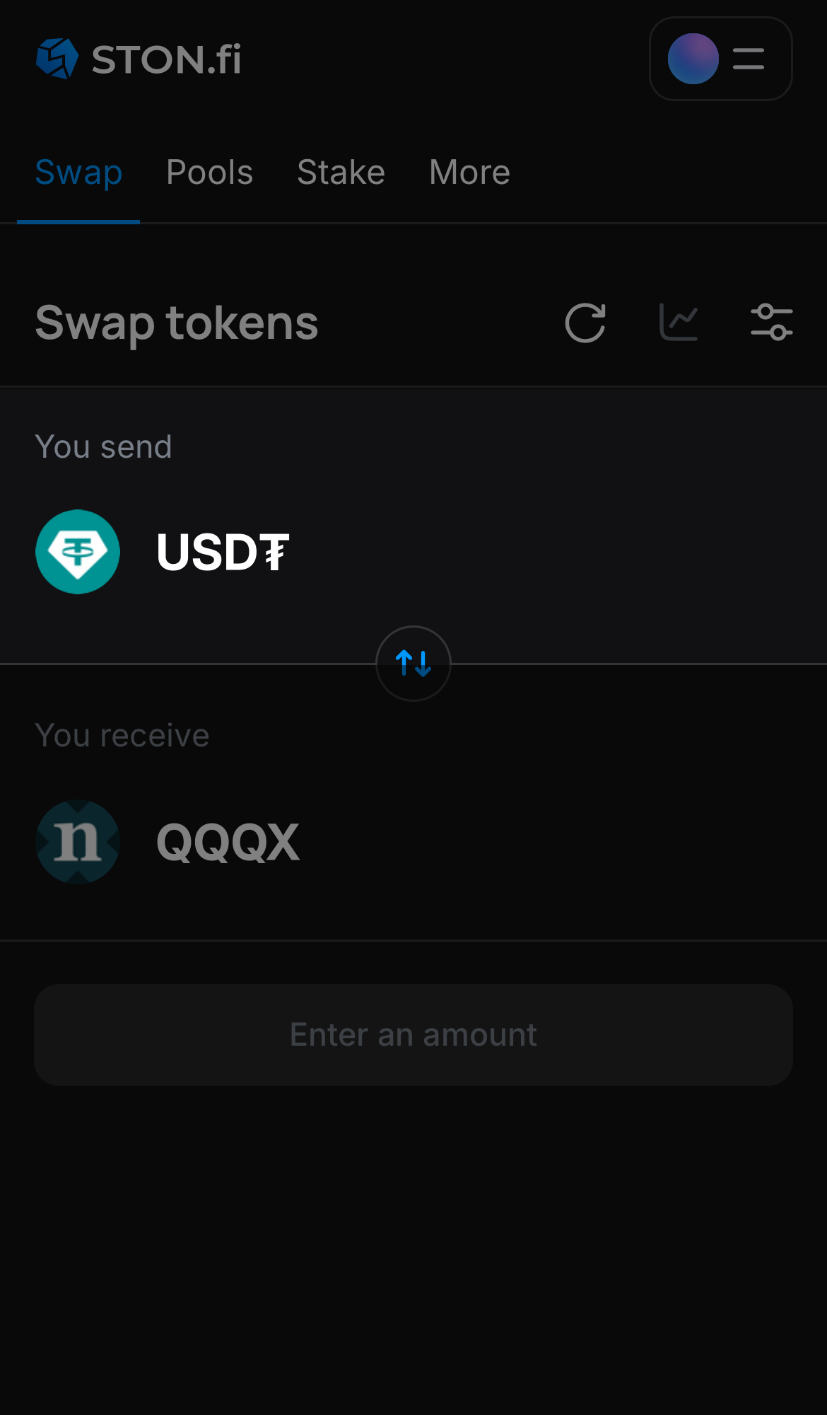 Выберите токен в поле «You send» — например, USD₮.