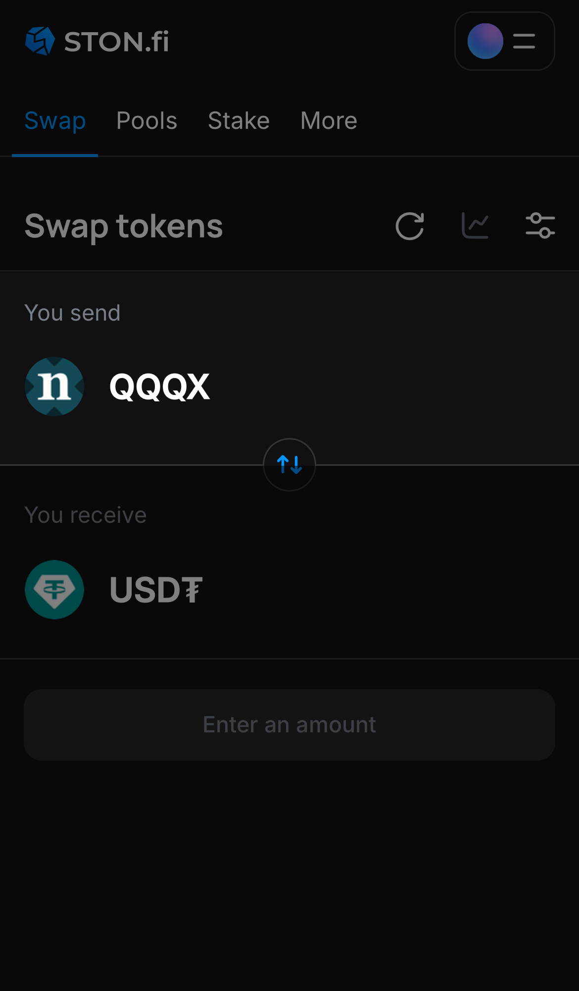Выберете токен QQQx в поле «You send».