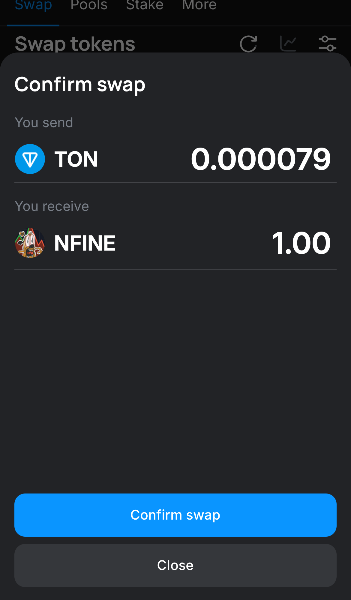 Click ‘Swap‘, double-check the details, and confirm the transaction by clicking the ‘Confirm swap‘ button.