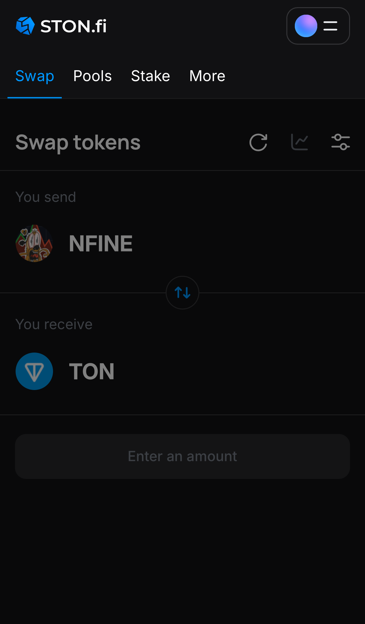 Open the STON.fi app and navigate to the ‘Swap‘ tab.