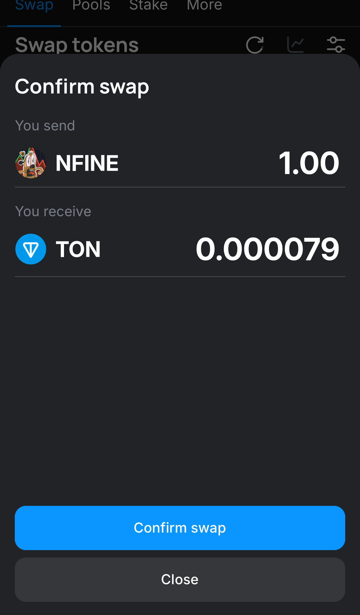 Click ‘Swap‘, double-check the details, and confirm the transaction by clicking the ‘Confirm swap‘ button.