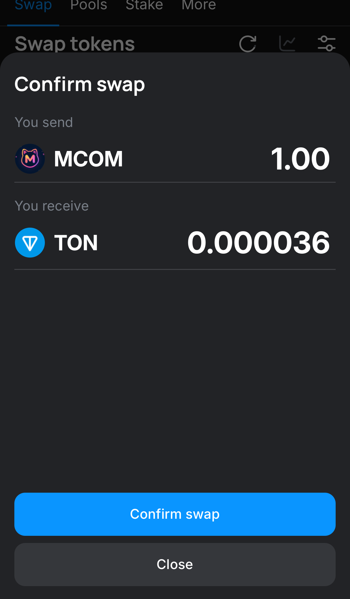Cliquez sur ‘Swap‘, vérifiez les détails, puis confirmez la transaction en cliquant sur le bouton ‘Confirm swap‘.