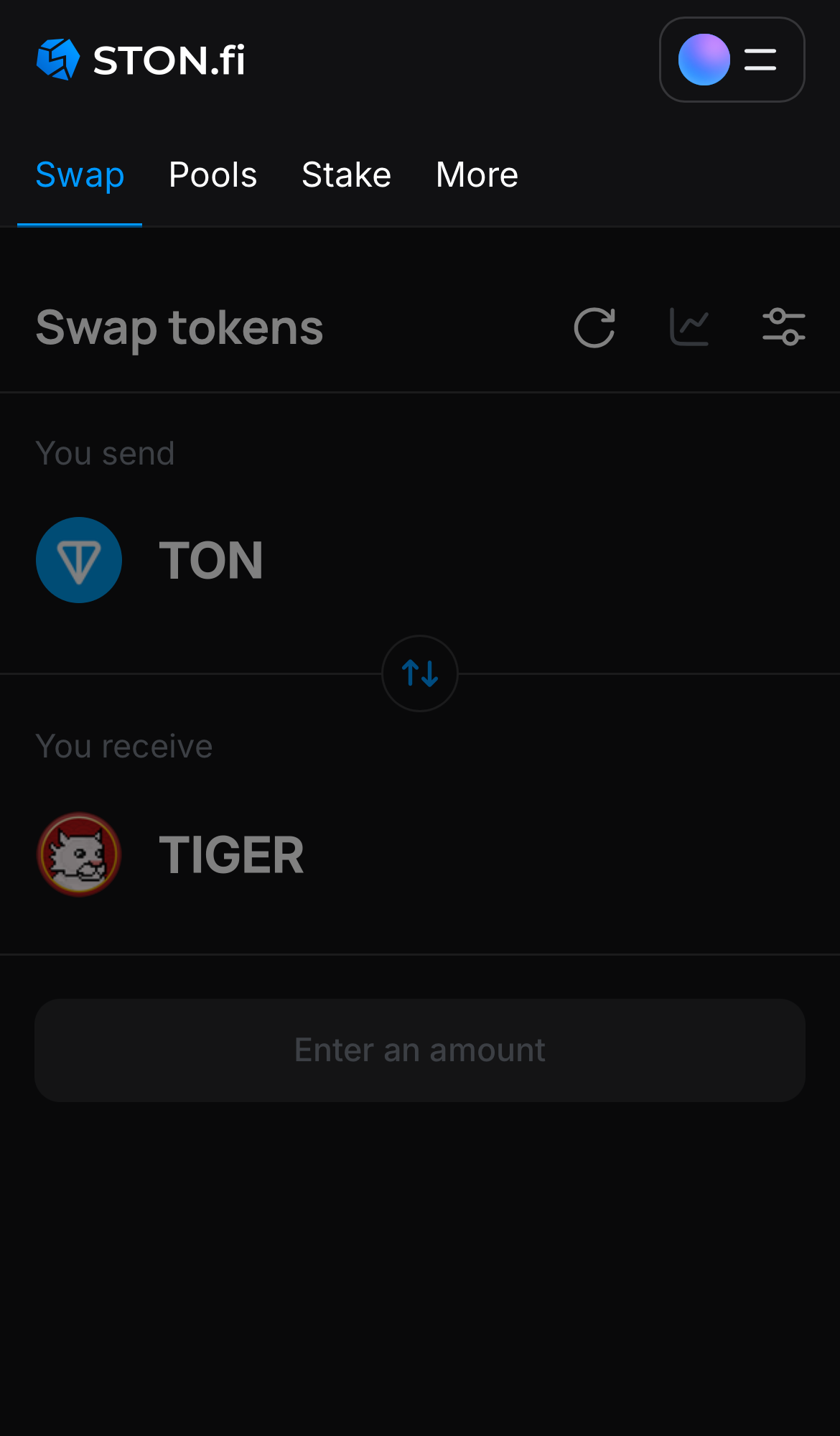 Open the STON.fi app and navigate to the ‘Swap‘ tab.