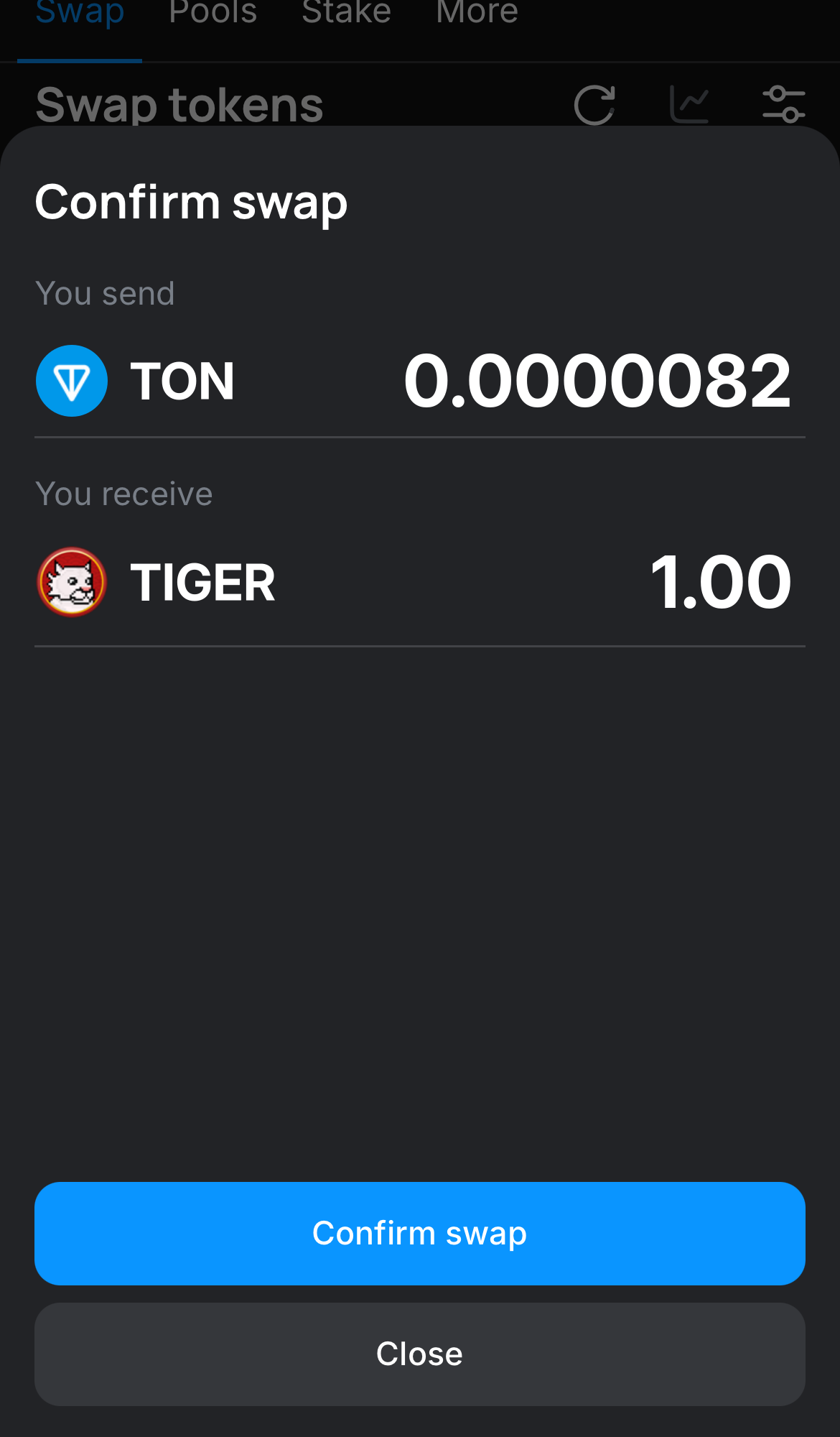 Click ‘Swap‘, double-check the details, and confirm the transaction by clicking the ‘Confirm swap‘ button.