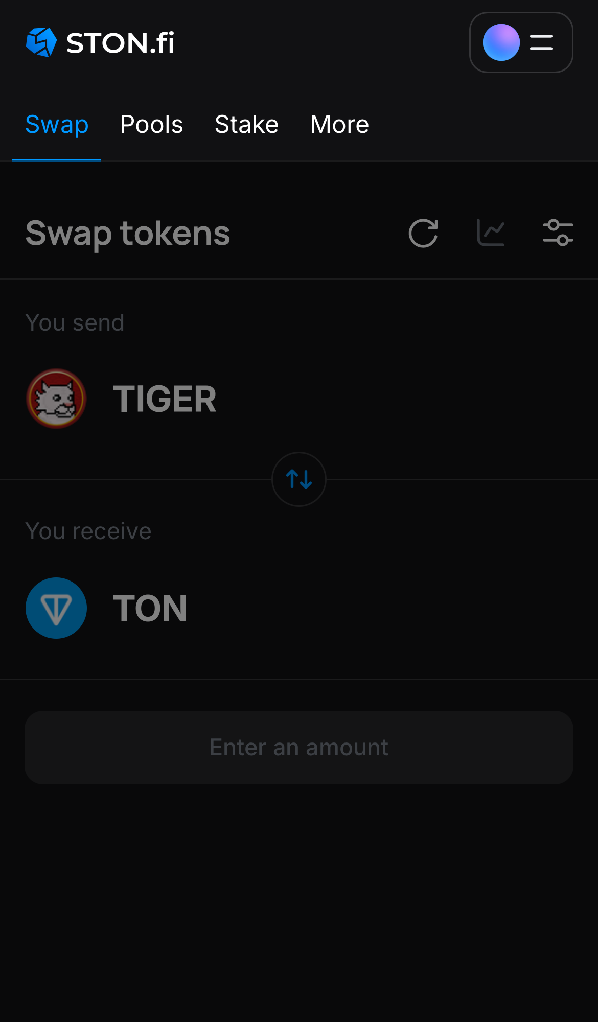 Open the STON.fi app and navigate to the ‘Swap‘ tab.