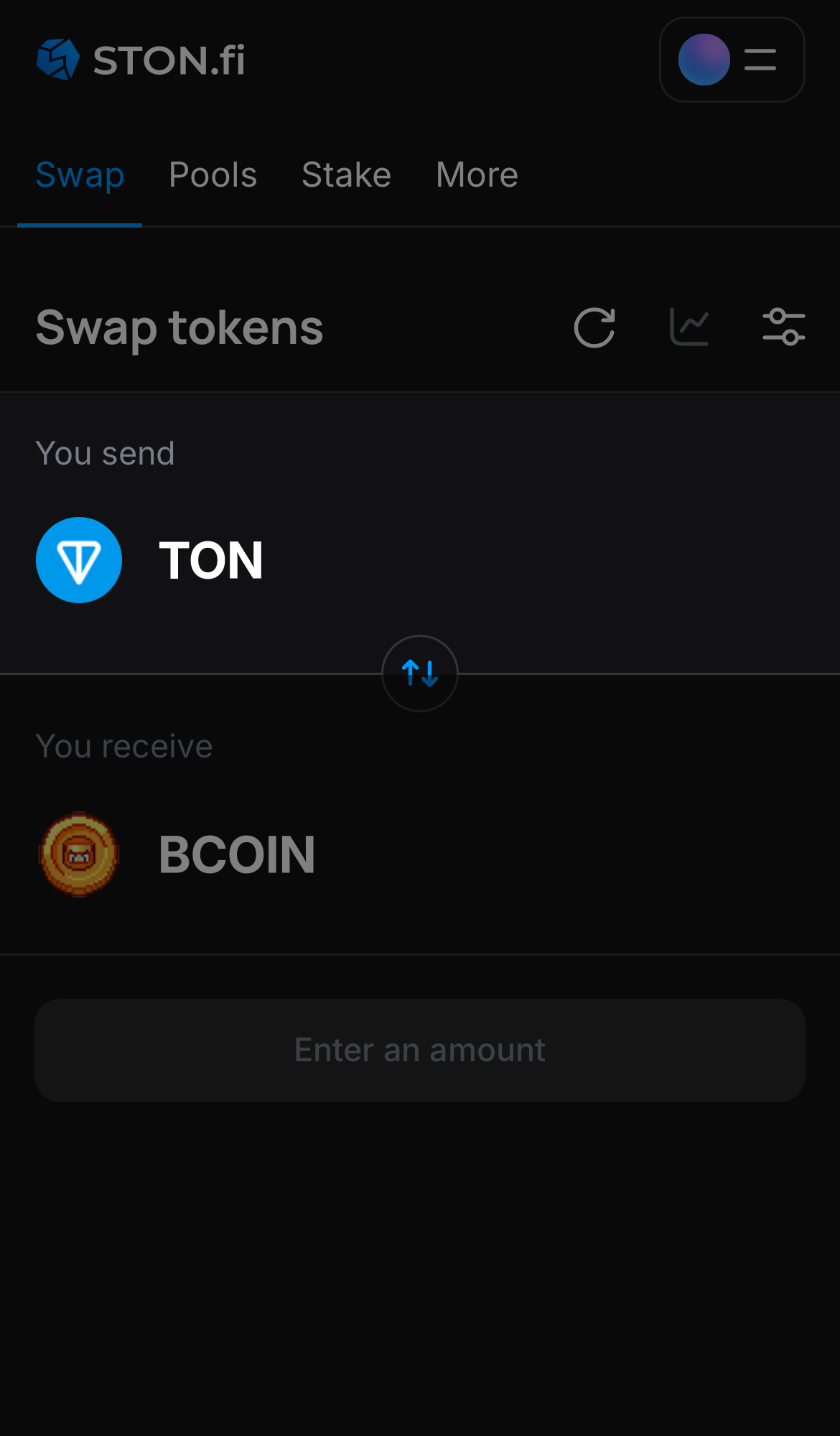Choose a token in the ‘You send’ box — for example, TON.