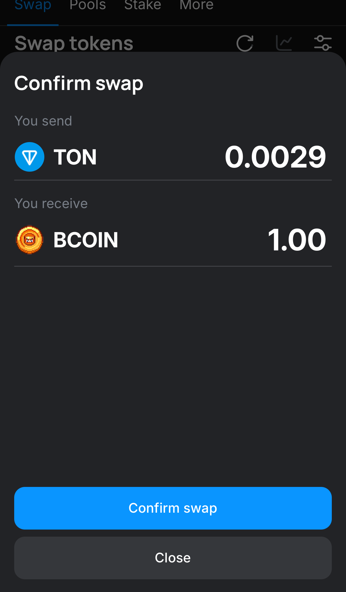 Click ‘Swap‘, double-check the details, and confirm the transaction by clicking the ‘Confirm swap‘ button.