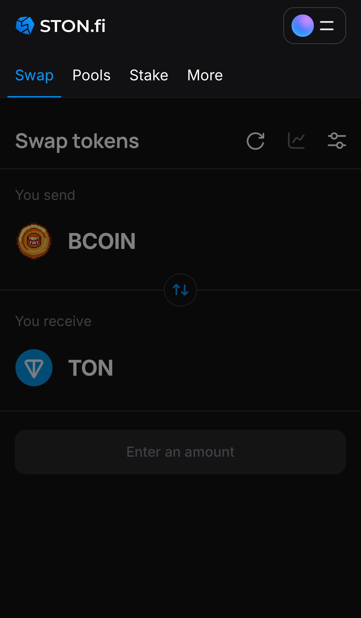 Open the STON.fi app and navigate to the ‘Swap‘ tab.