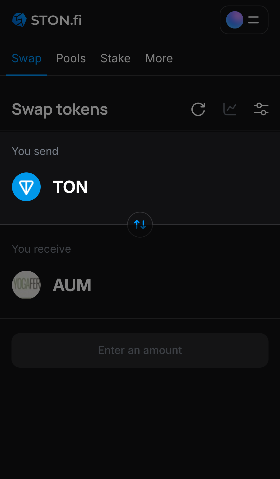 Elige un token en la casilla ‘You send’ — por ejemplo, TON.