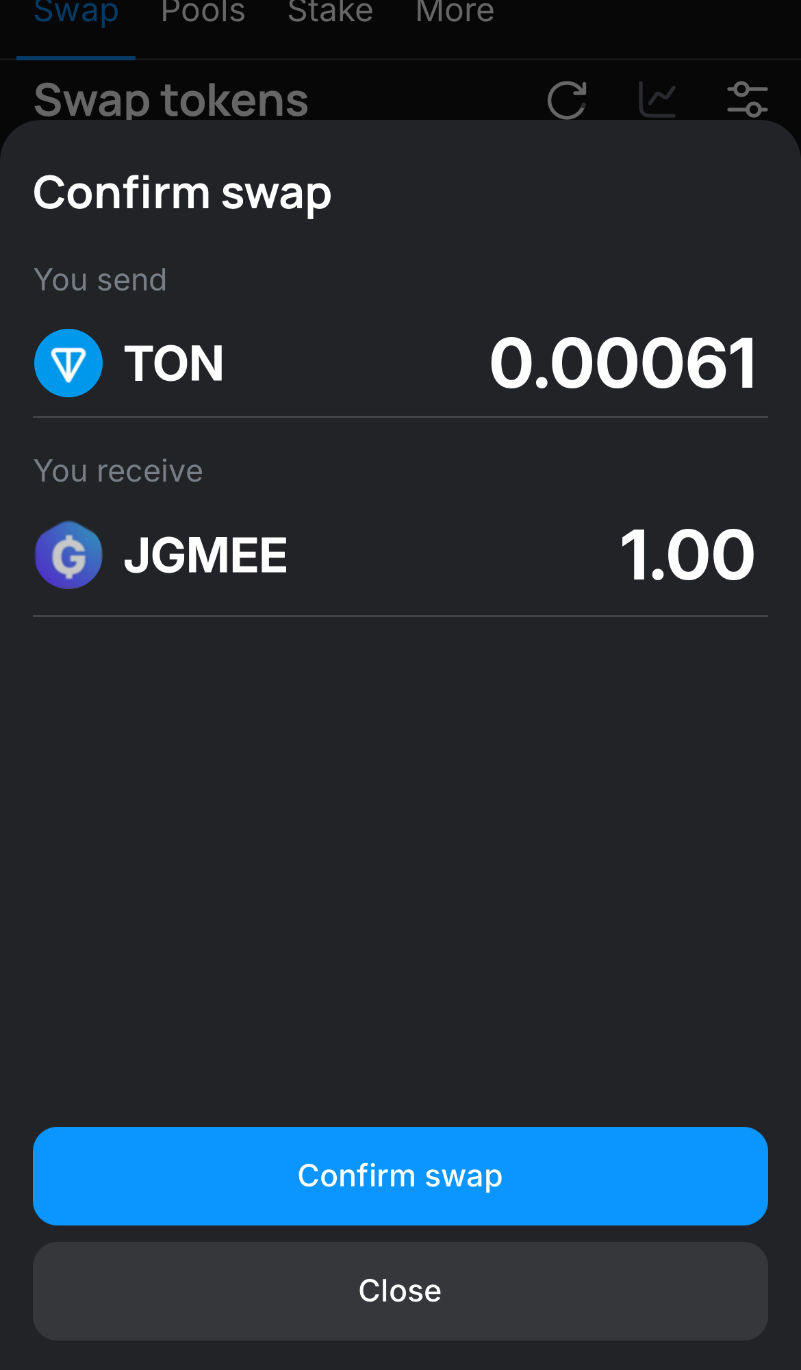 Click ‘Swap‘, double-check the details, and confirm the transaction by clicking the ‘Confirm swap‘ button.