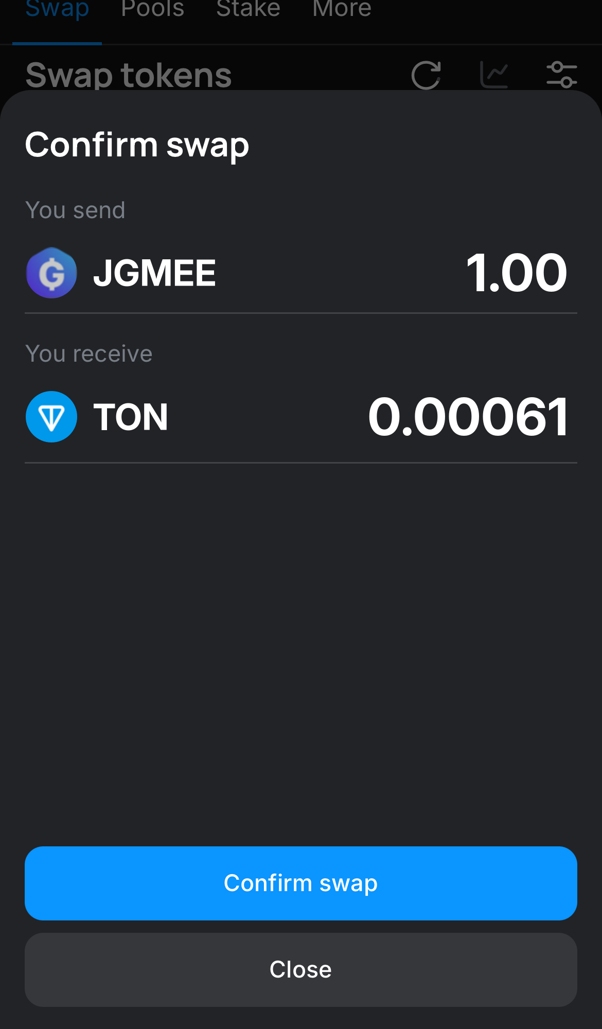 Click ‘Swap‘, double-check the details, and confirm the transaction by clicking the ‘Confirm swap‘ button.
