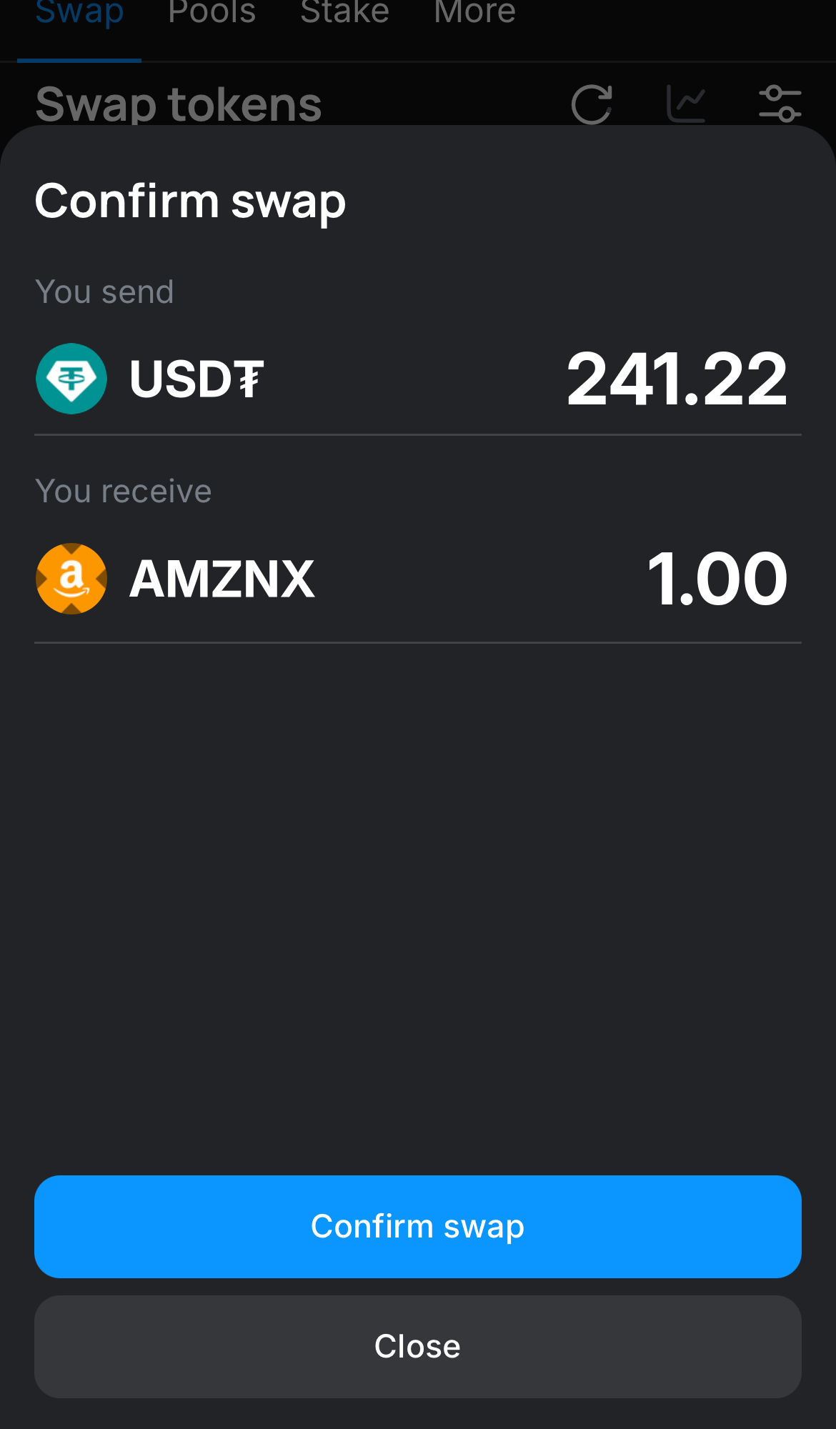 Нажмите на «Swap», дважды проверьте всю информацию и нажмите на кнопку «Confirm swap», чтобы подтвердить транзакцию.
