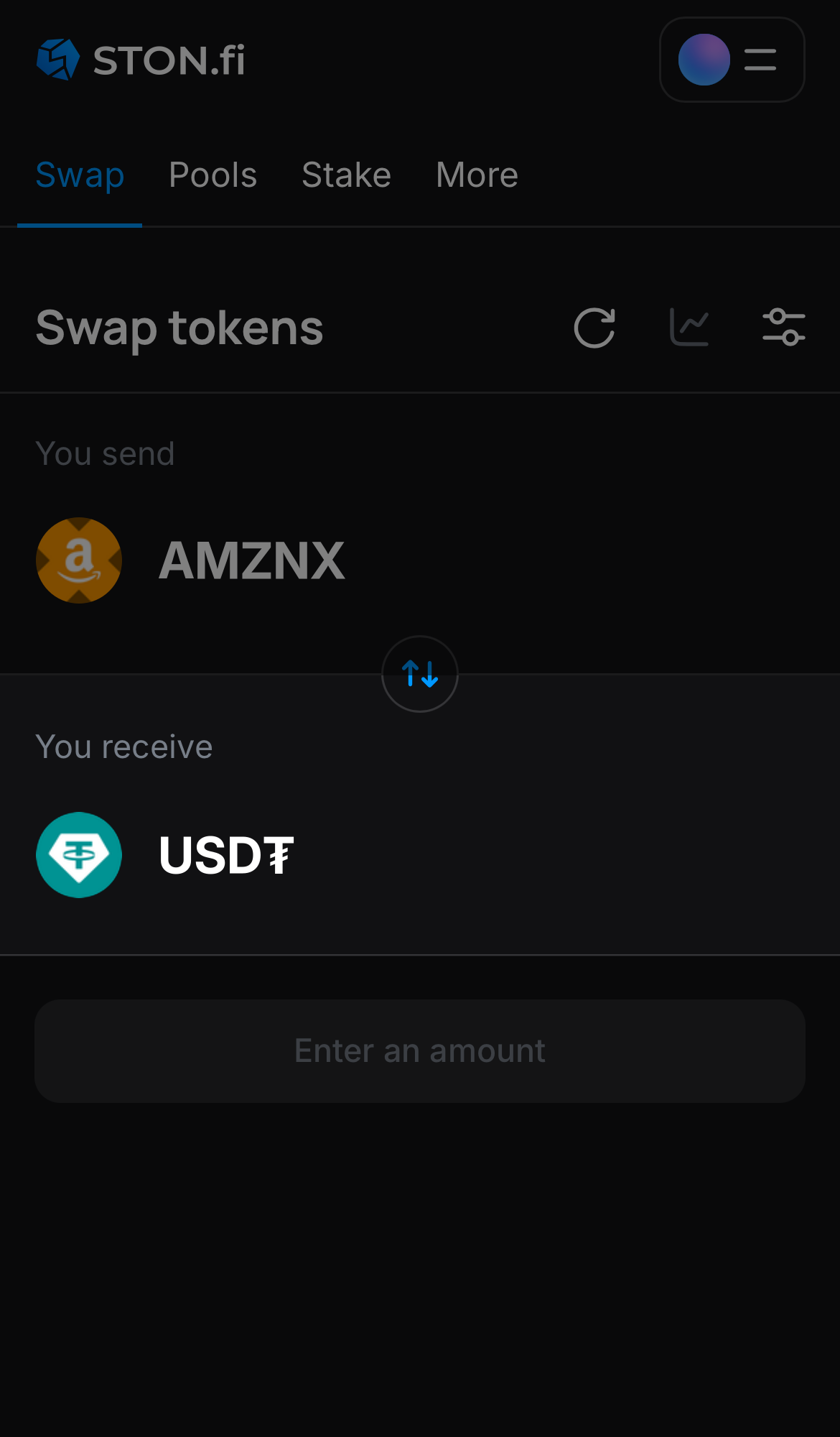 Выберите токен в поле «You receive» — например, USD₮.