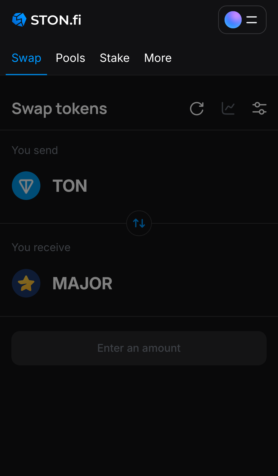 Open the STON.fi app and navigate to the ‘Swap‘ tab.