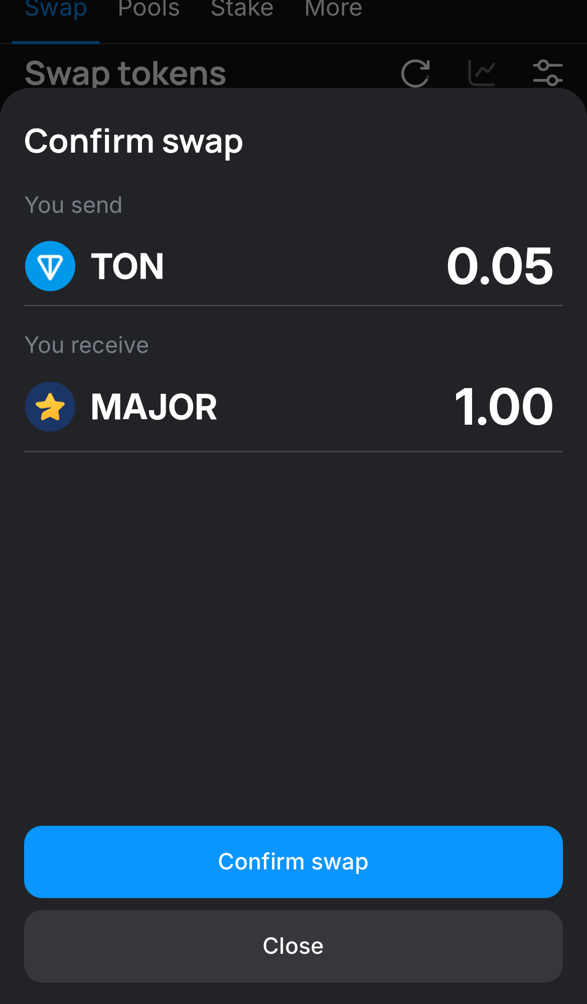 Click ‘Swap‘, double-check the details, and confirm the transaction by clicking the ‘Confirm swap‘ button.