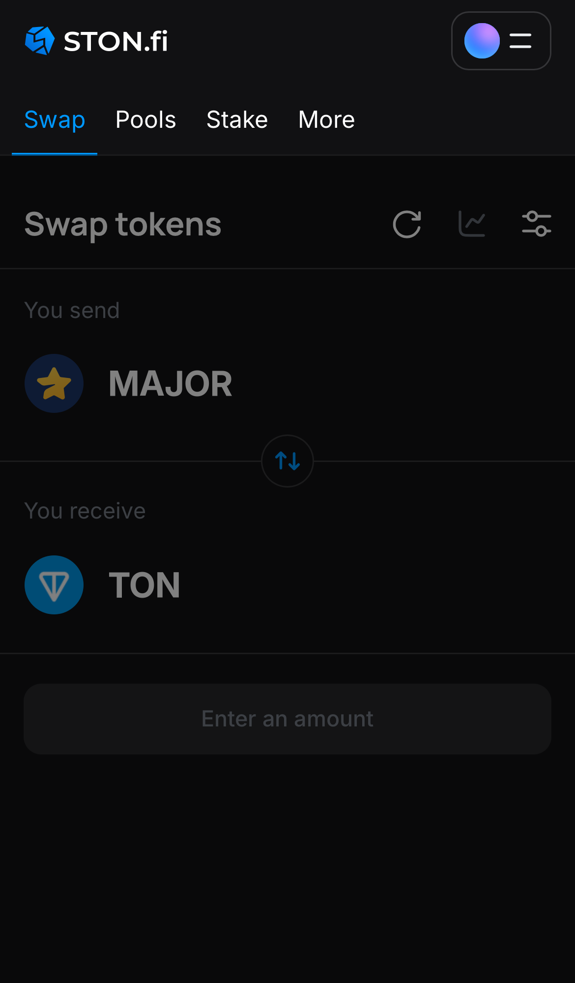 Open the STON.fi app and navigate to the ‘Swap‘ tab.