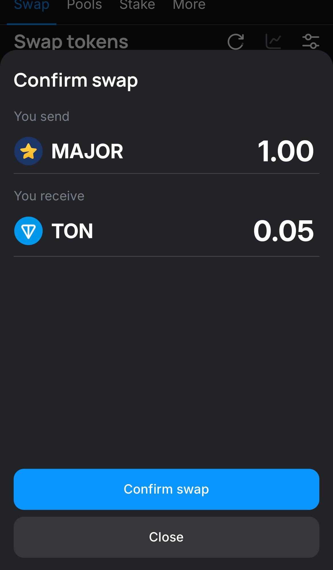 Click ‘Swap‘, double-check the details, and confirm the transaction by clicking the ‘Confirm swap‘ button.