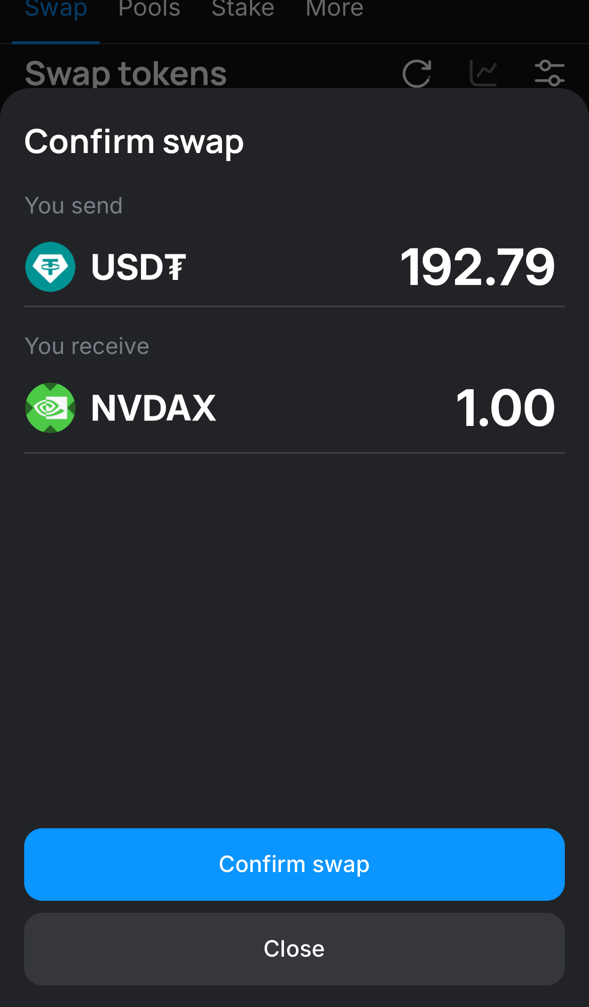 Нажмите на «Swap», дважды проверьте всю информацию и нажмите на кнопку «Confirm swap», чтобы подтвердить транзакцию.