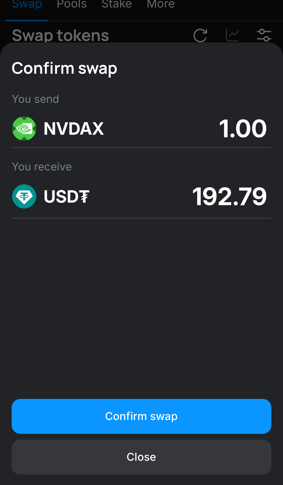 Нажмите на «Swap», дважды проверьте всю информацию и нажмите на кнопку «Confirm swap», чтобы подтвердить транзакцию.