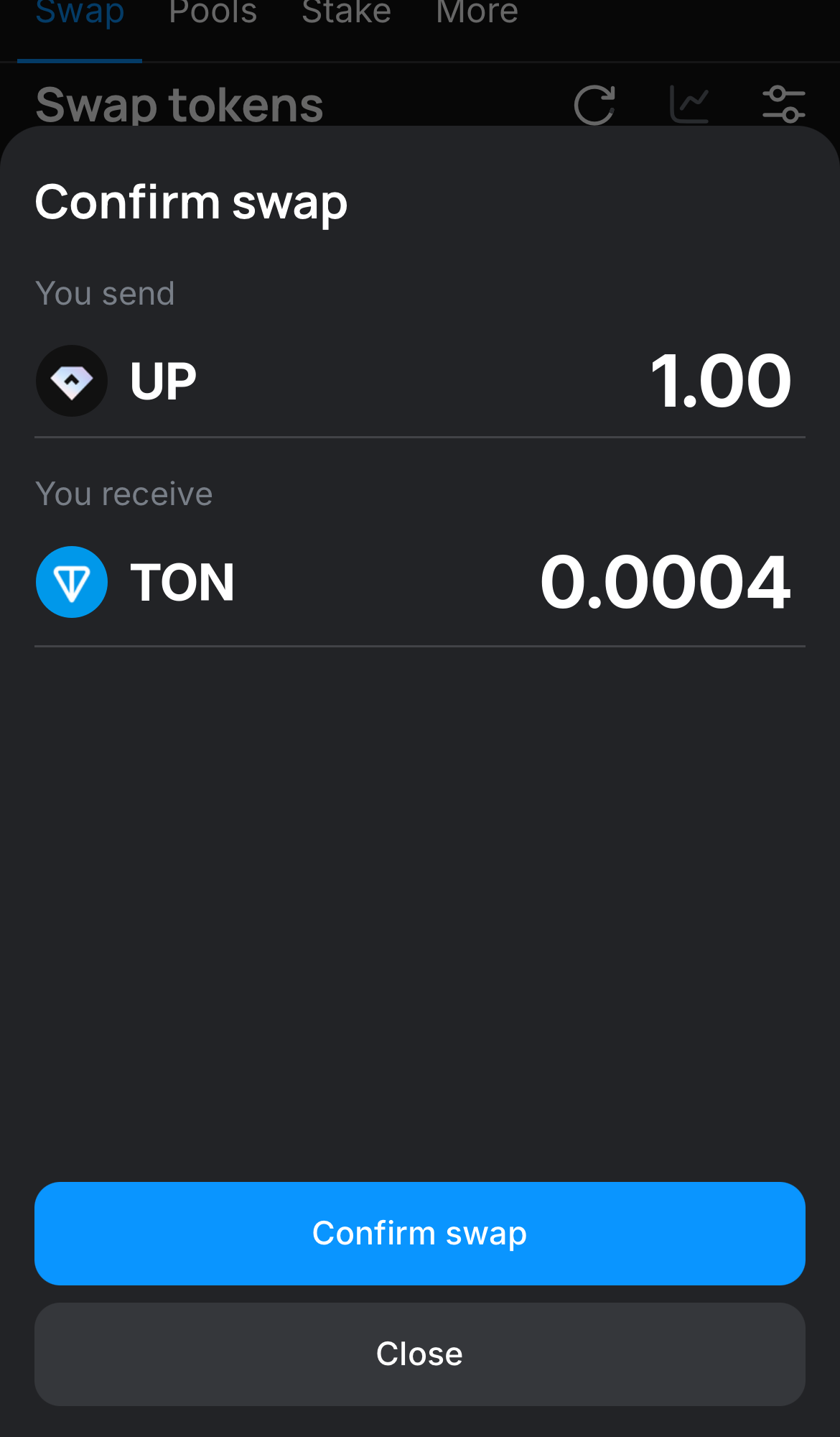 Haz clic en ‘Swap‘, revisa los detalles y confirma la transacción haciendo clic en el botón ‘Confirm swap‘.