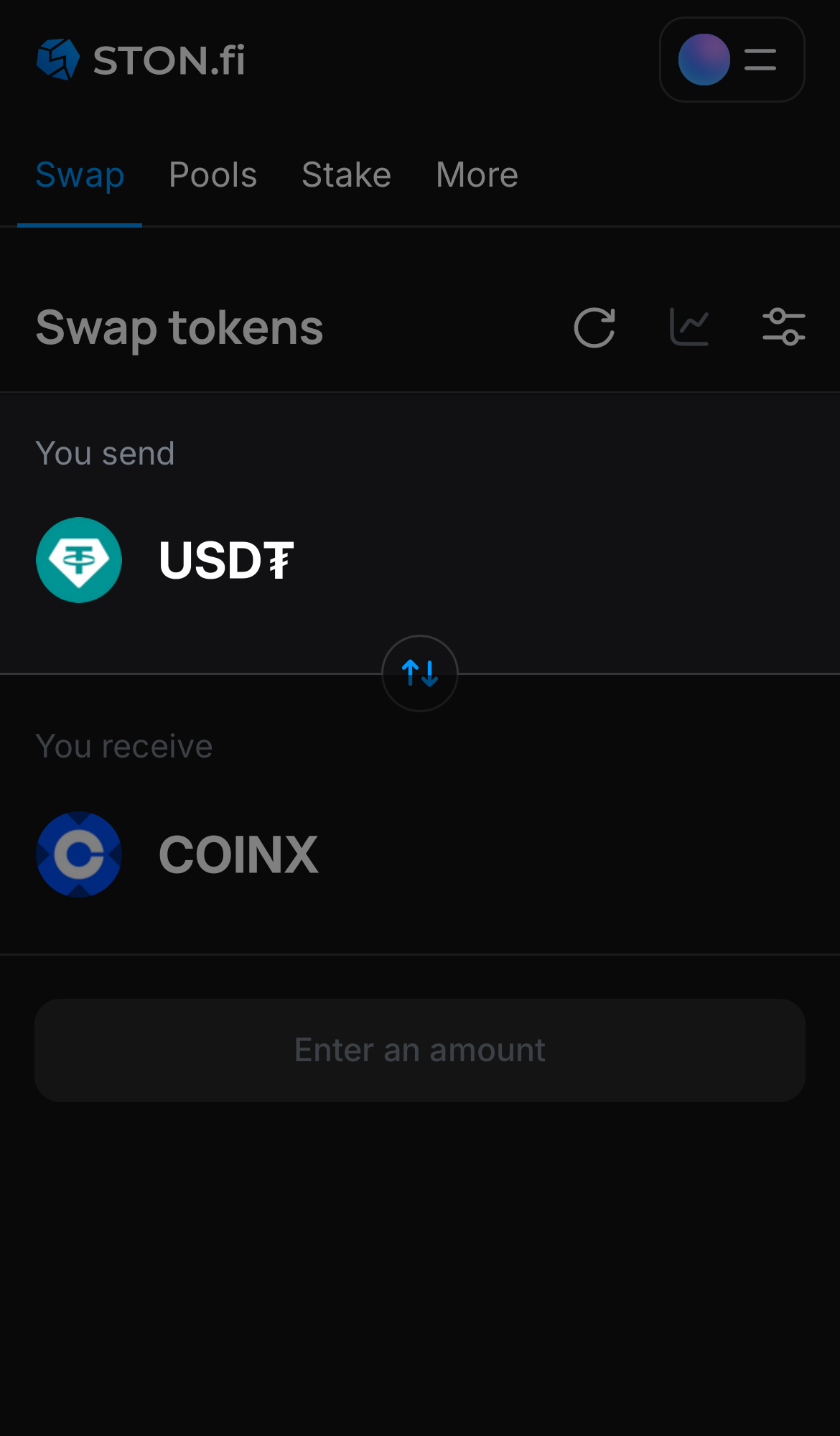 Выберите токен в поле «You send» — например, USD₮.