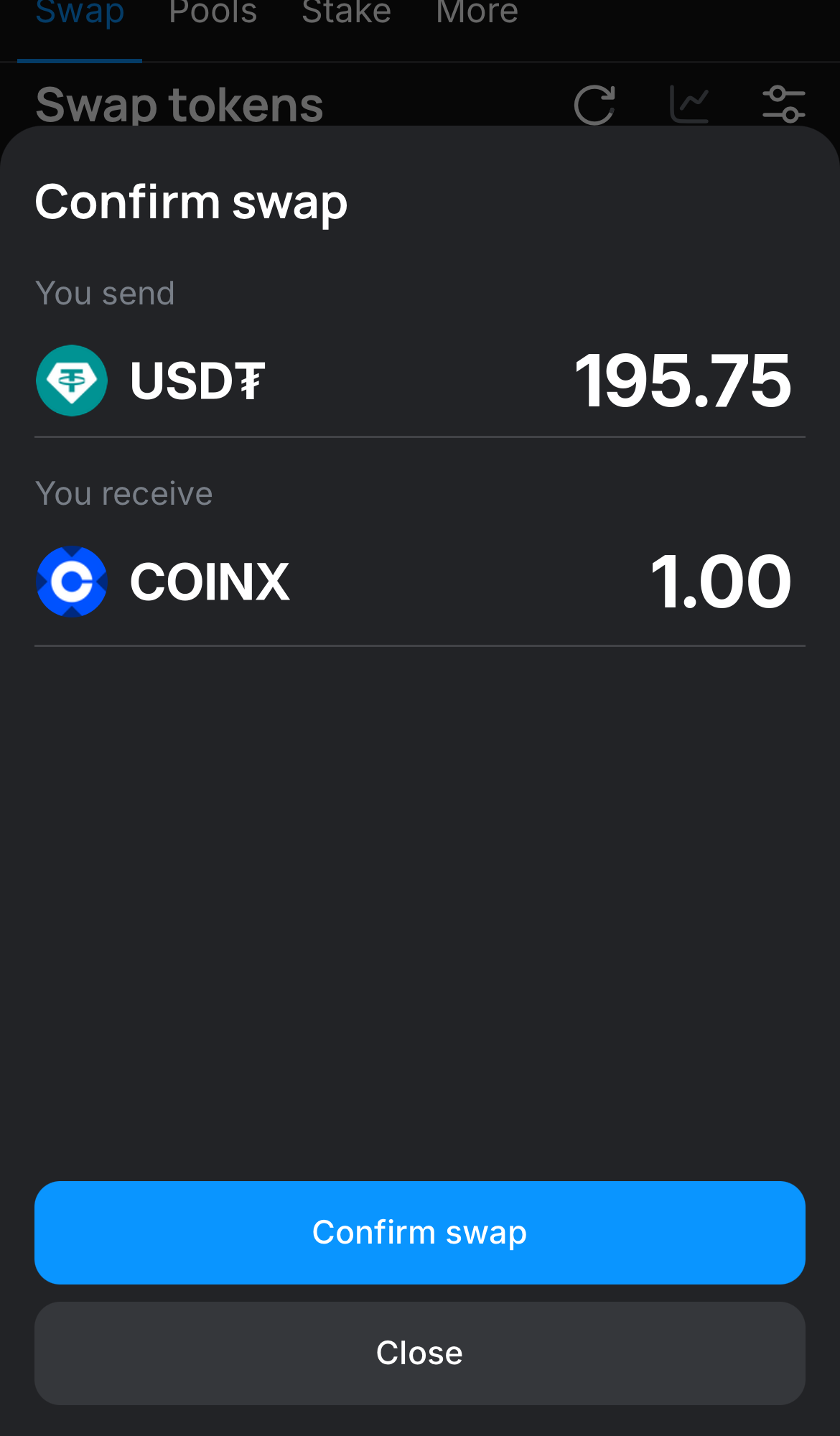 Нажмите на «Swap», дважды проверьте всю информацию и нажмите на кнопку «Confirm swap», чтобы подтвердить транзакцию.