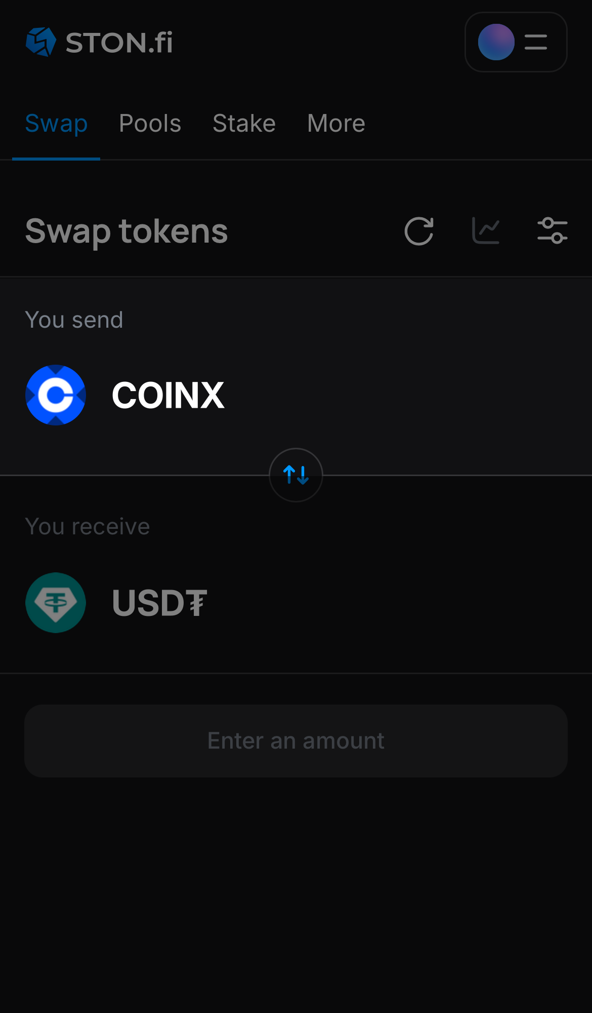Выберете токен COINx в поле «You send».