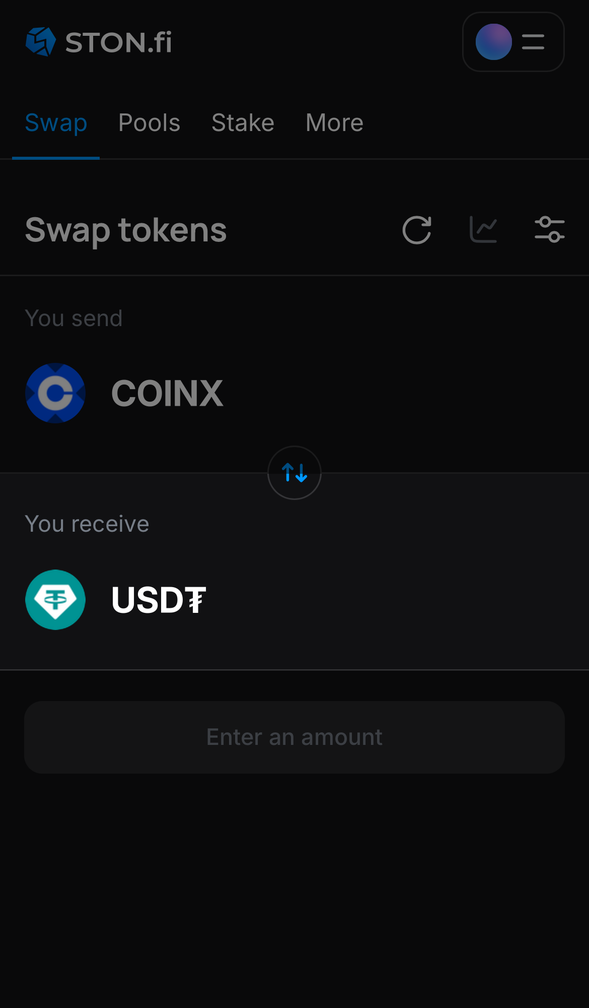 Выберите токен в поле «You receive» — например, USD₮.