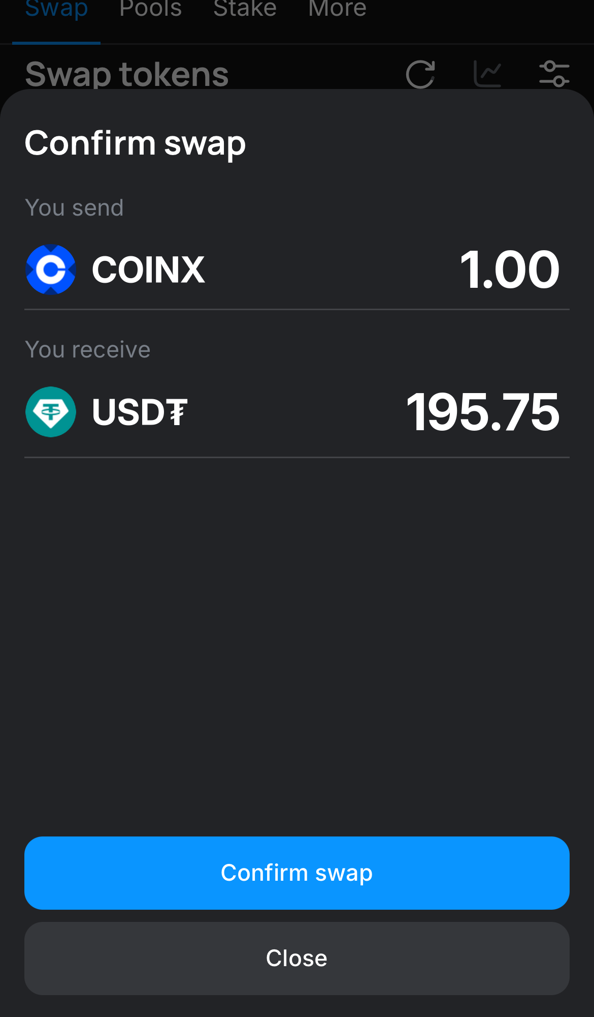 Нажмите на «Swap», дважды проверьте всю информацию и нажмите на кнопку «Confirm swap», чтобы подтвердить транзакцию.