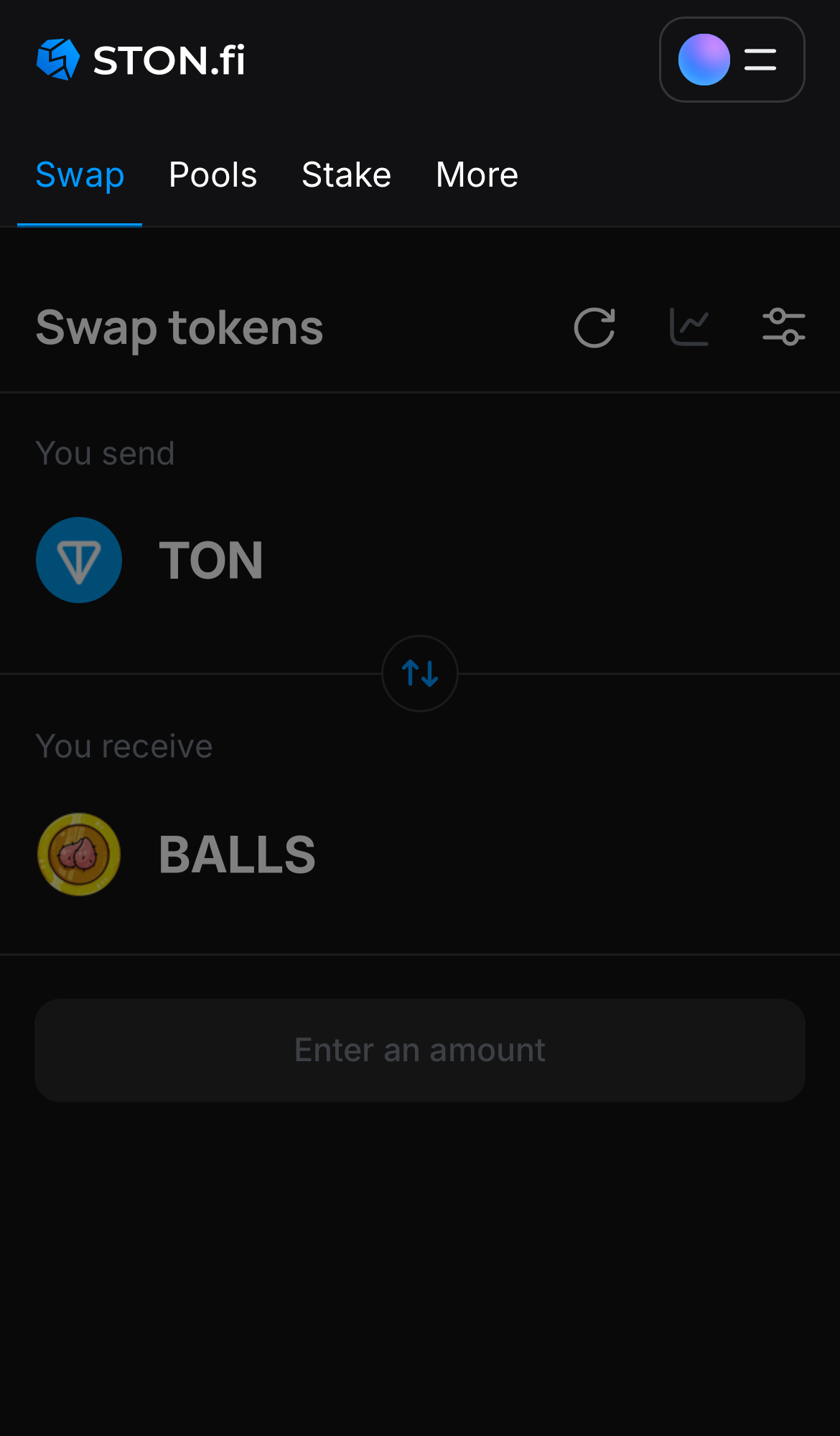 Open the STON.fi app and navigate to the ‘Swap‘ tab.