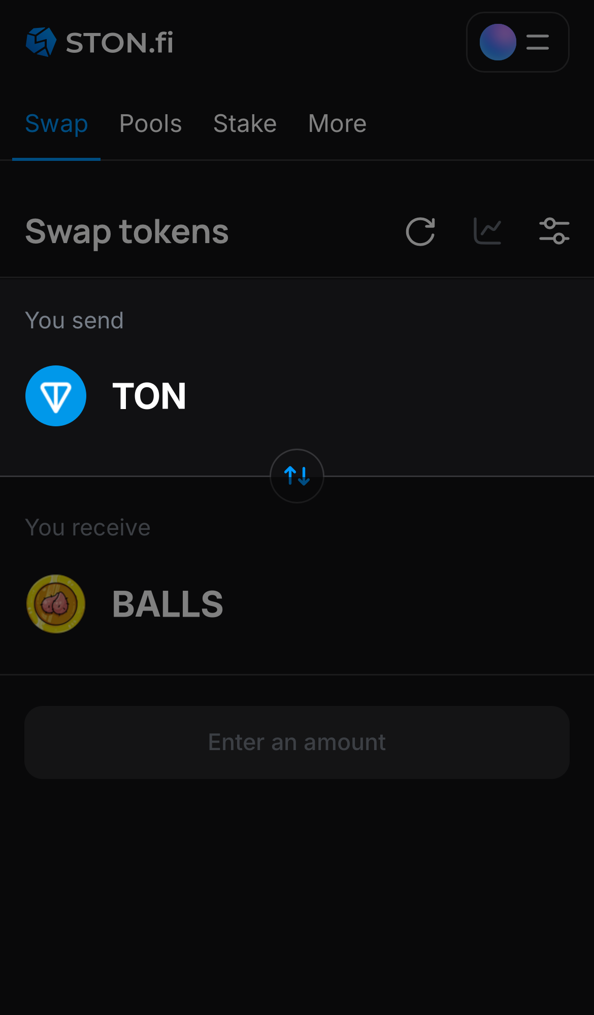 Choose a token in the ‘You send’ box — for example, TON.