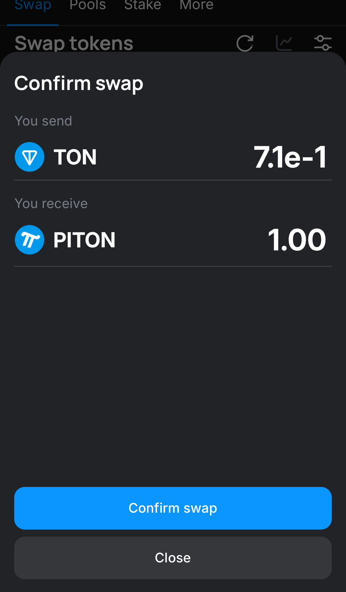 Click ‘Swap‘, double-check the details, and confirm the transaction by clicking the ‘Confirm swap‘ button.