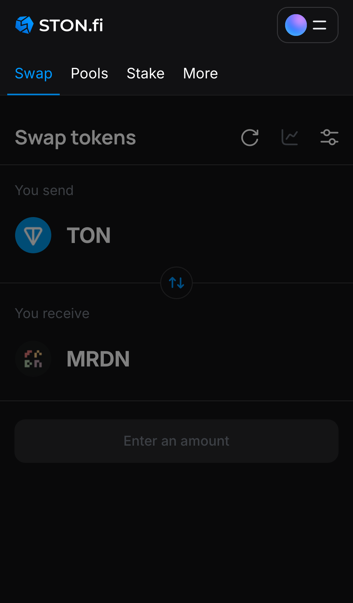 Open the STON.fi app and navigate to the ‘Swap‘ tab.