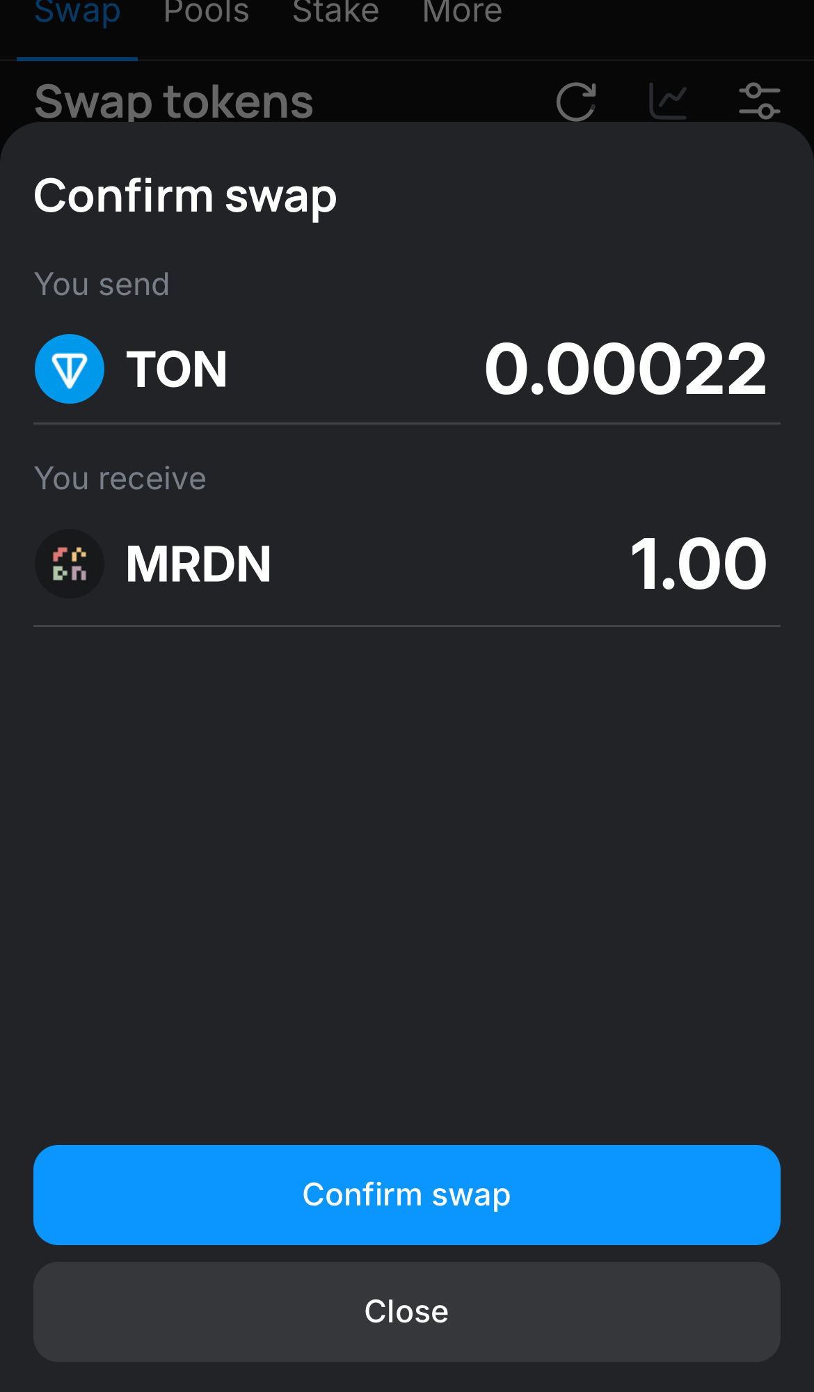 Click ‘Swap‘, double-check the details, and confirm the transaction by clicking the ‘Confirm swap‘ button.