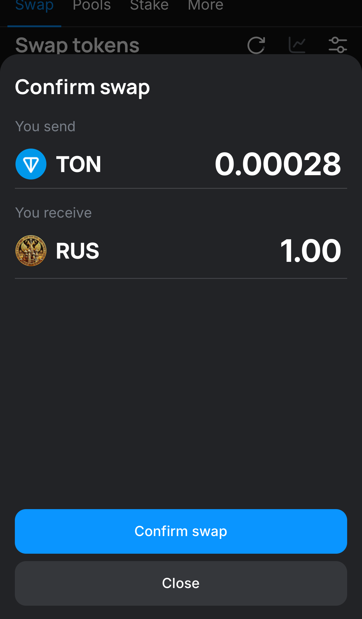 Click ‘Swap‘, double-check the details, and confirm the transaction by clicking the ‘Confirm swap‘ button.
