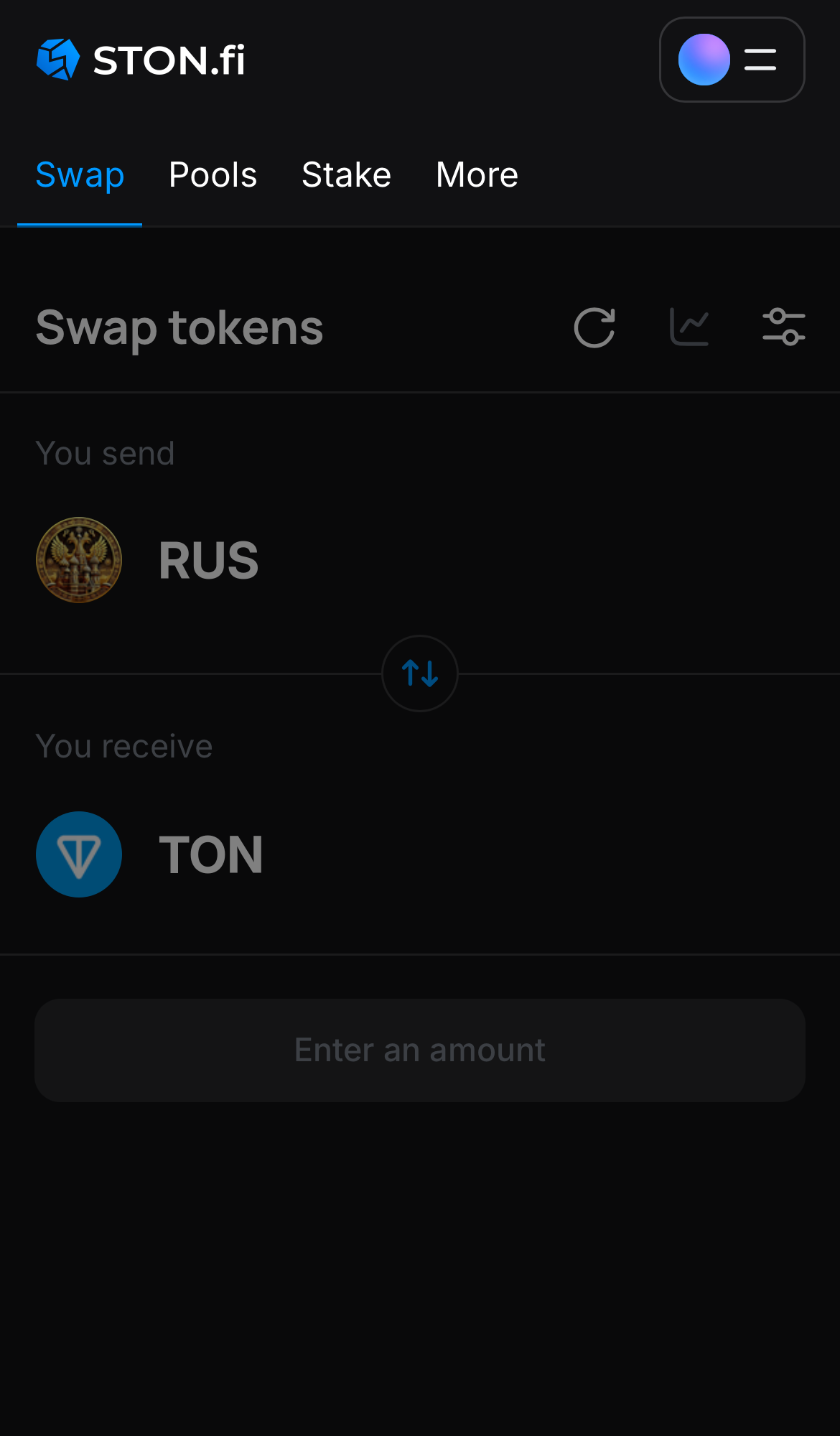 Open the STON.fi app and navigate to the ‘Swap‘ tab.