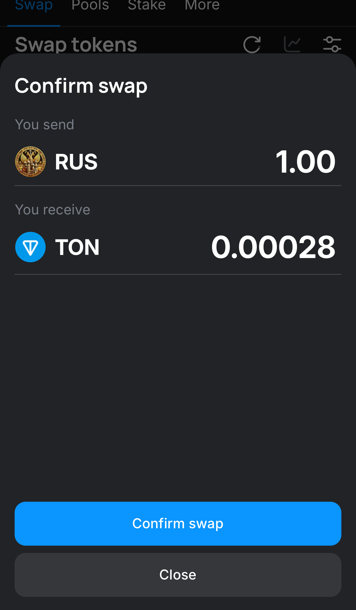 Click ‘Swap‘, double-check the details, and confirm the transaction by clicking the ‘Confirm swap‘ button.