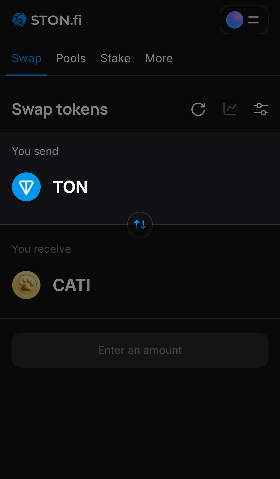 Choose a token in the ‘You send’ box — for example, TON.