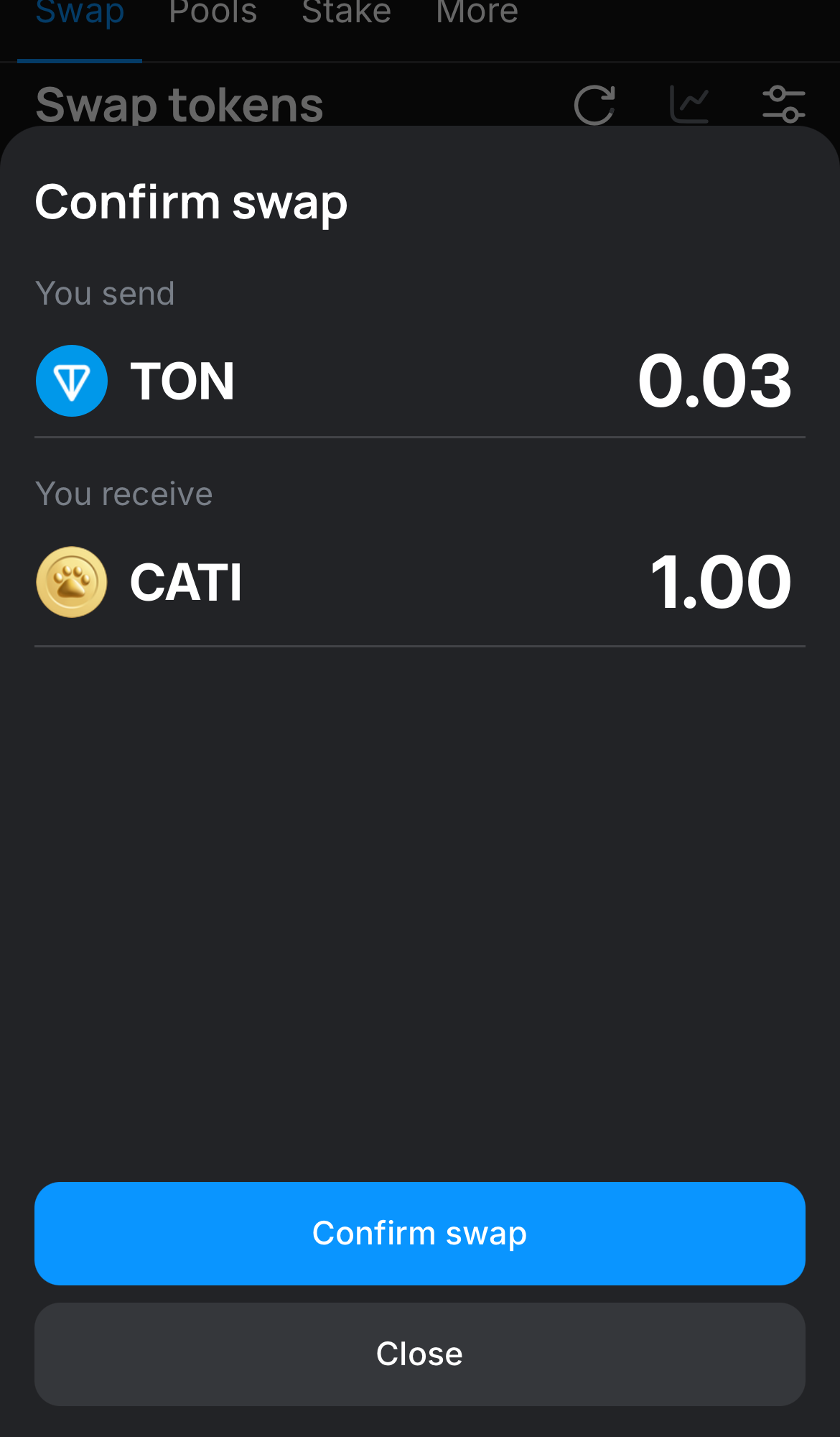 Click ‘Swap‘, double-check the details, and confirm the transaction by clicking the ‘Confirm swap‘ button.
