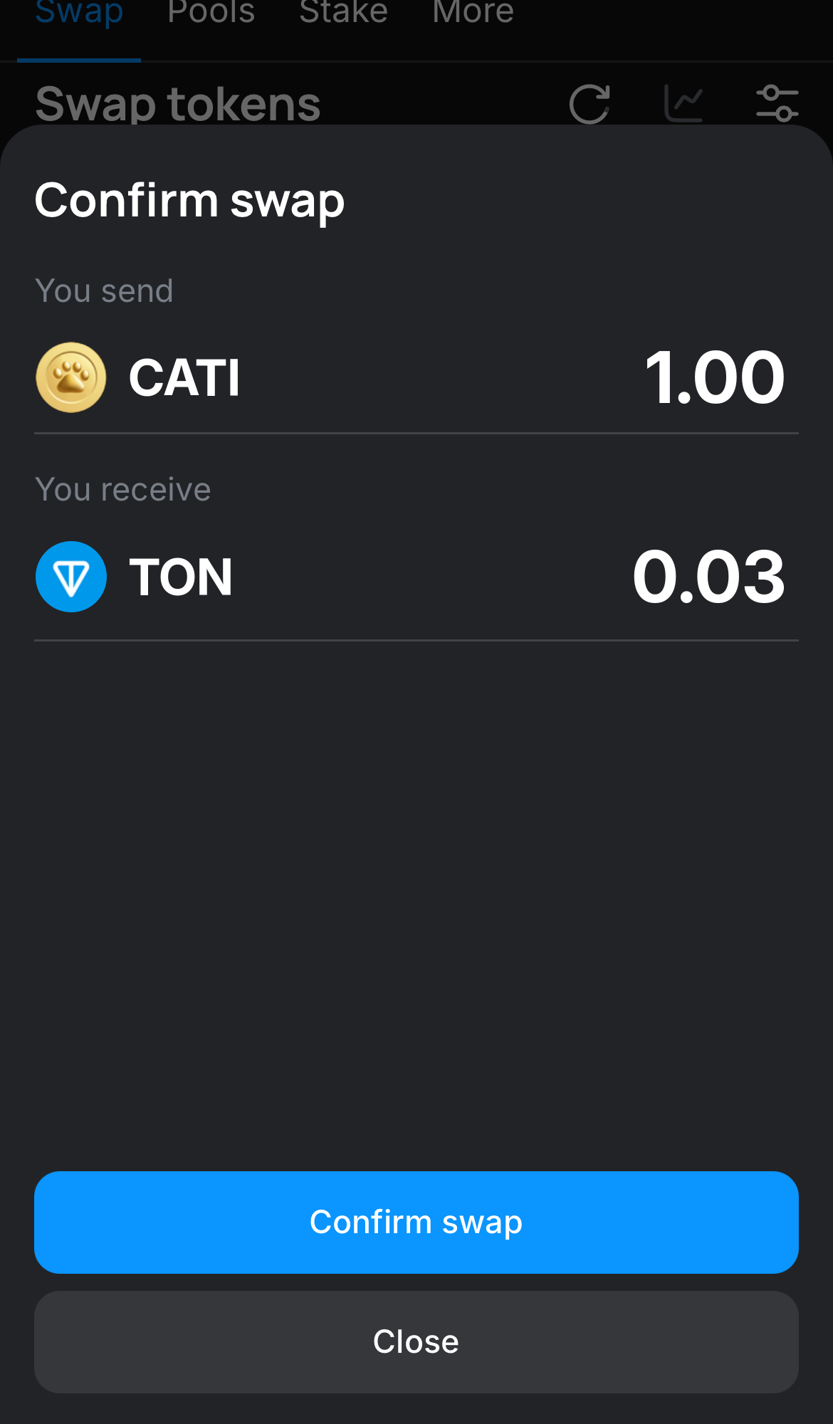 Click ‘Swap‘, double-check the details, and confirm the transaction by clicking the ‘Confirm swap‘ button.