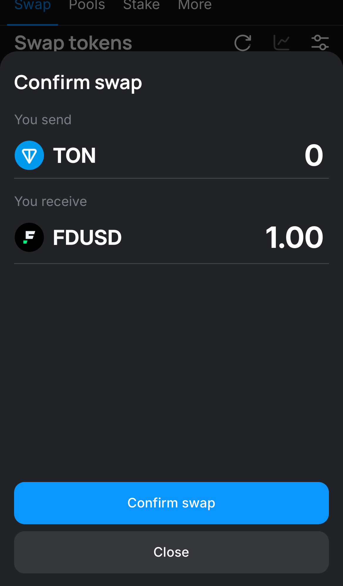 Click ‘Swap‘, double-check the details, and confirm the transaction by clicking the ‘Confirm swap‘ button.
