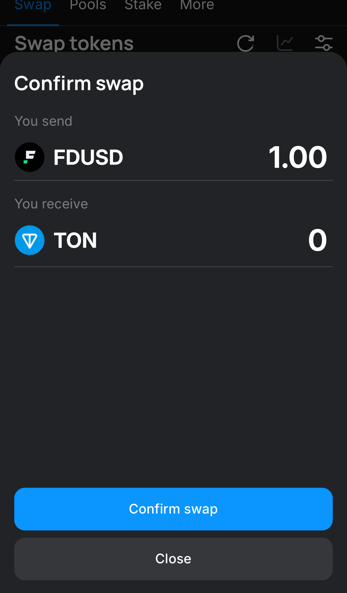 Click ‘Swap‘, double-check the details, and confirm the transaction by clicking the ‘Confirm swap‘ button.