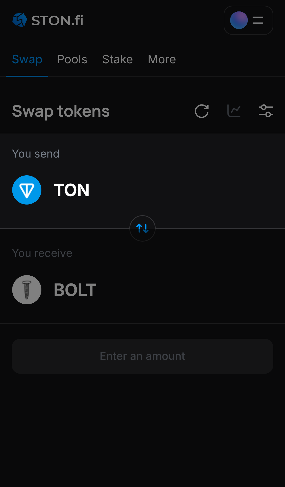 Elige un token en la casilla ‘You send’ — por ejemplo, TON.