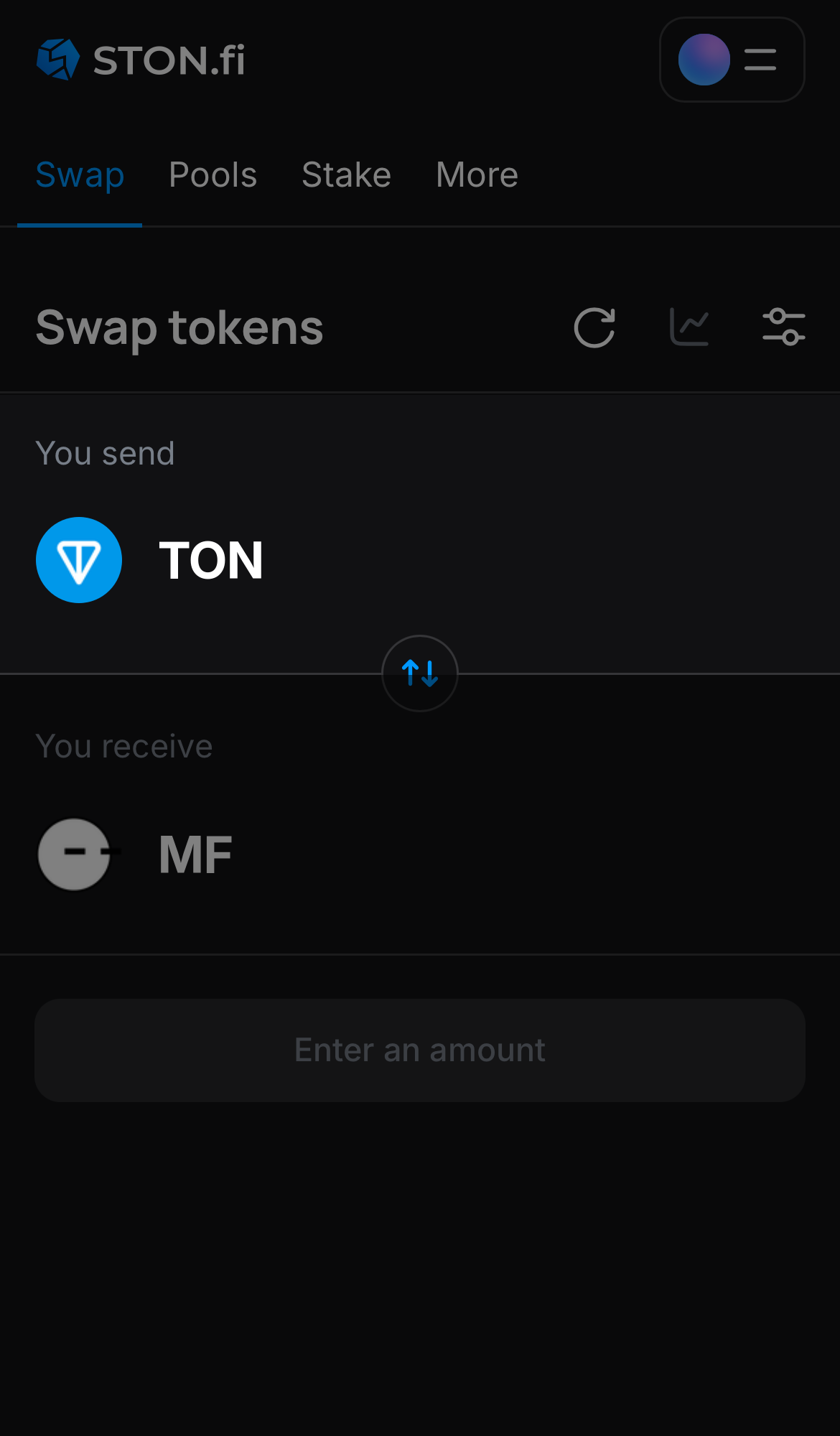 Elige un token en la casilla ‘You send’ — por ejemplo, TON.