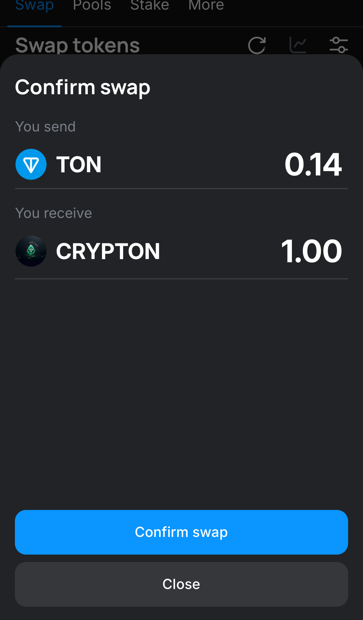 Cliquez sur ‘Swap‘, vérifiez les détails, puis confirmez la transaction en cliquant sur le bouton ‘Confirm swap‘.