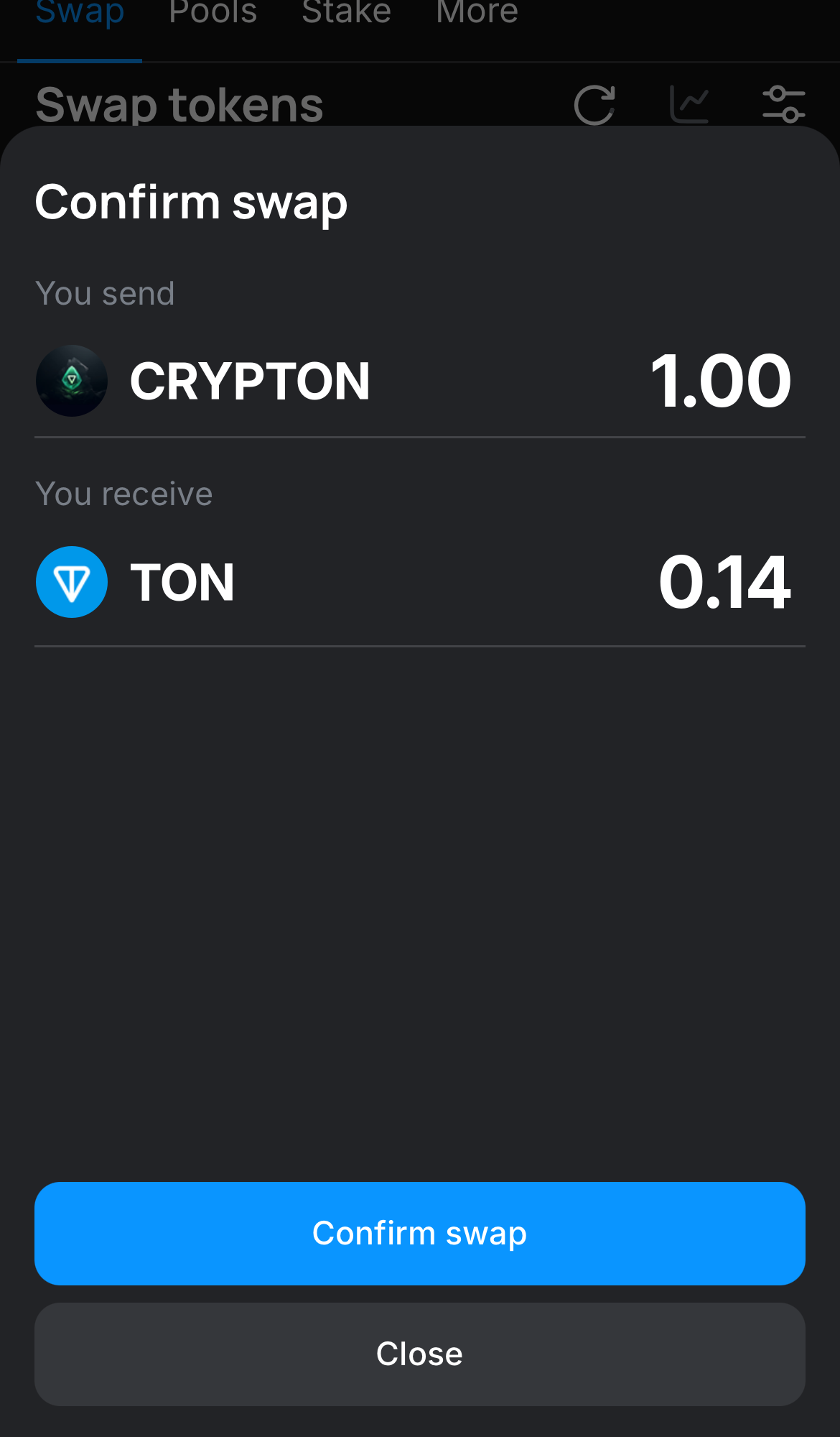 Cliquez sur ‘Swap‘, vérifiez les détails, puis confirmez la transaction en cliquant sur le bouton ‘Confirm swap‘.