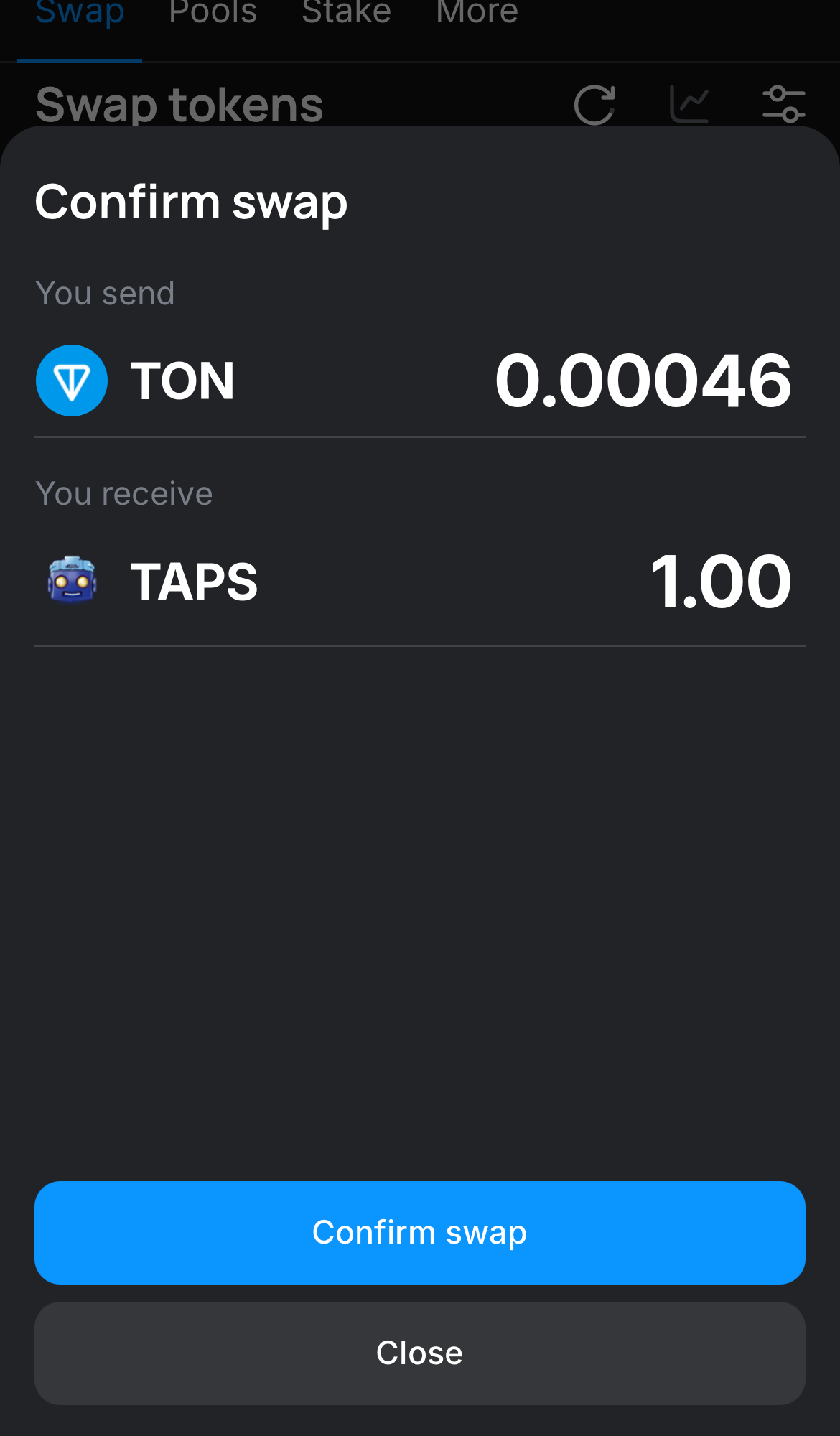 Cliquez sur ‘Swap‘, vérifiez les détails, puis confirmez la transaction en cliquant sur le bouton ‘Confirm swap‘.