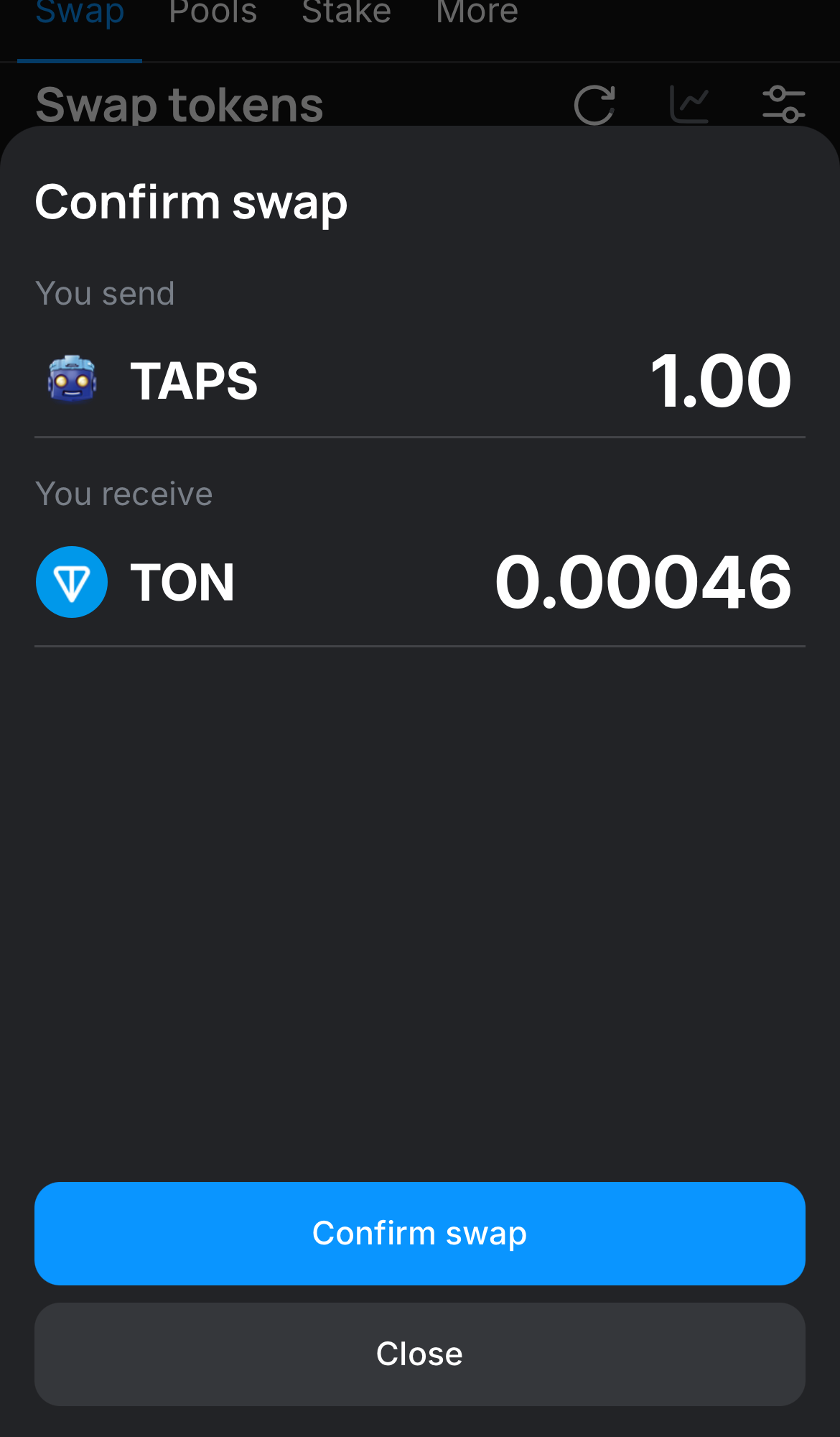 Cliquez sur ‘Swap‘, vérifiez les détails, puis confirmez la transaction en cliquant sur le bouton ‘Confirm swap‘.